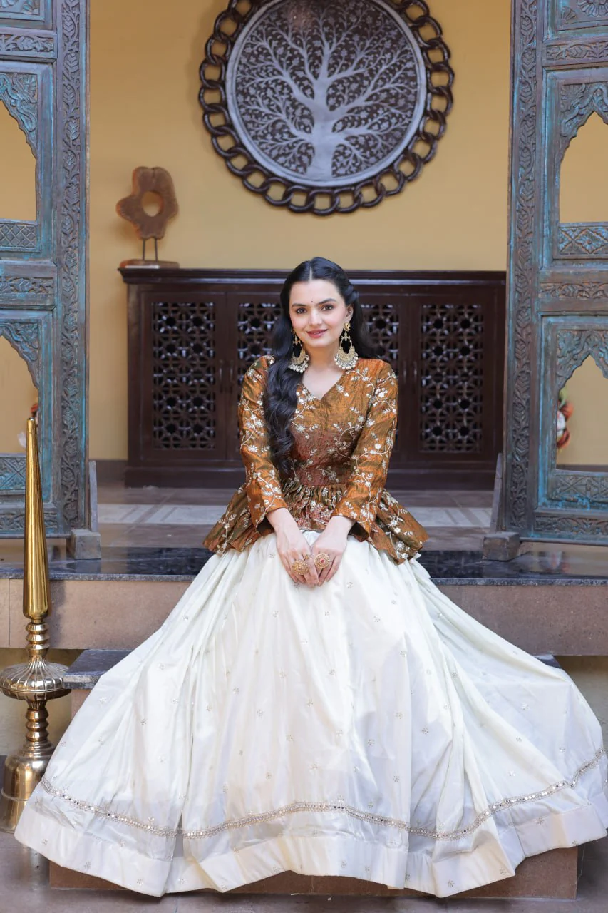 Designer Cosmos Fabric Embroidery Lehenga Set With Peplum Blouse - Image 9