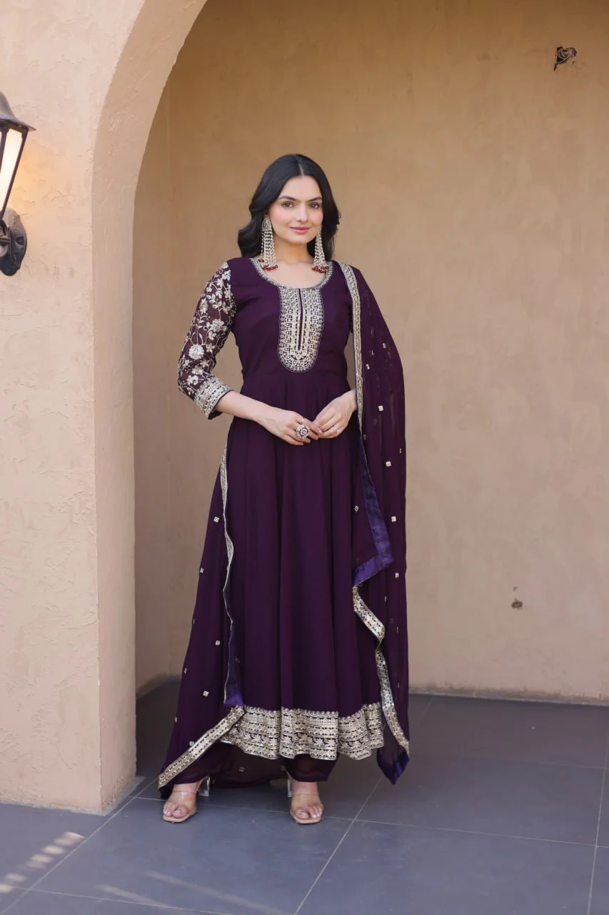 Designer Faux Blooming Anarkali Gown with Pant and Dupatta - Image 11