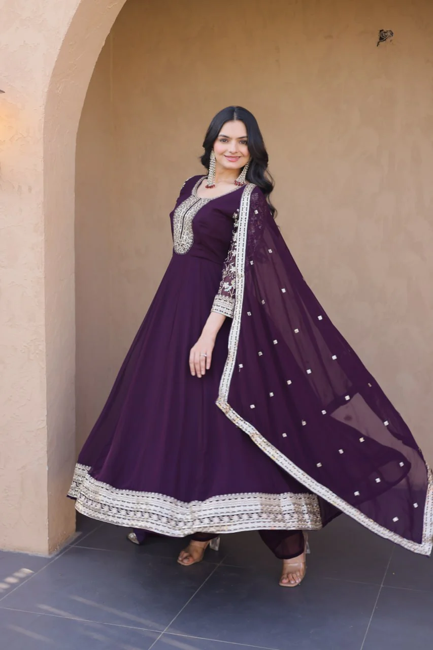 Designer Faux Blooming Anarkali Gown with Pant and Dupatta - Image 12