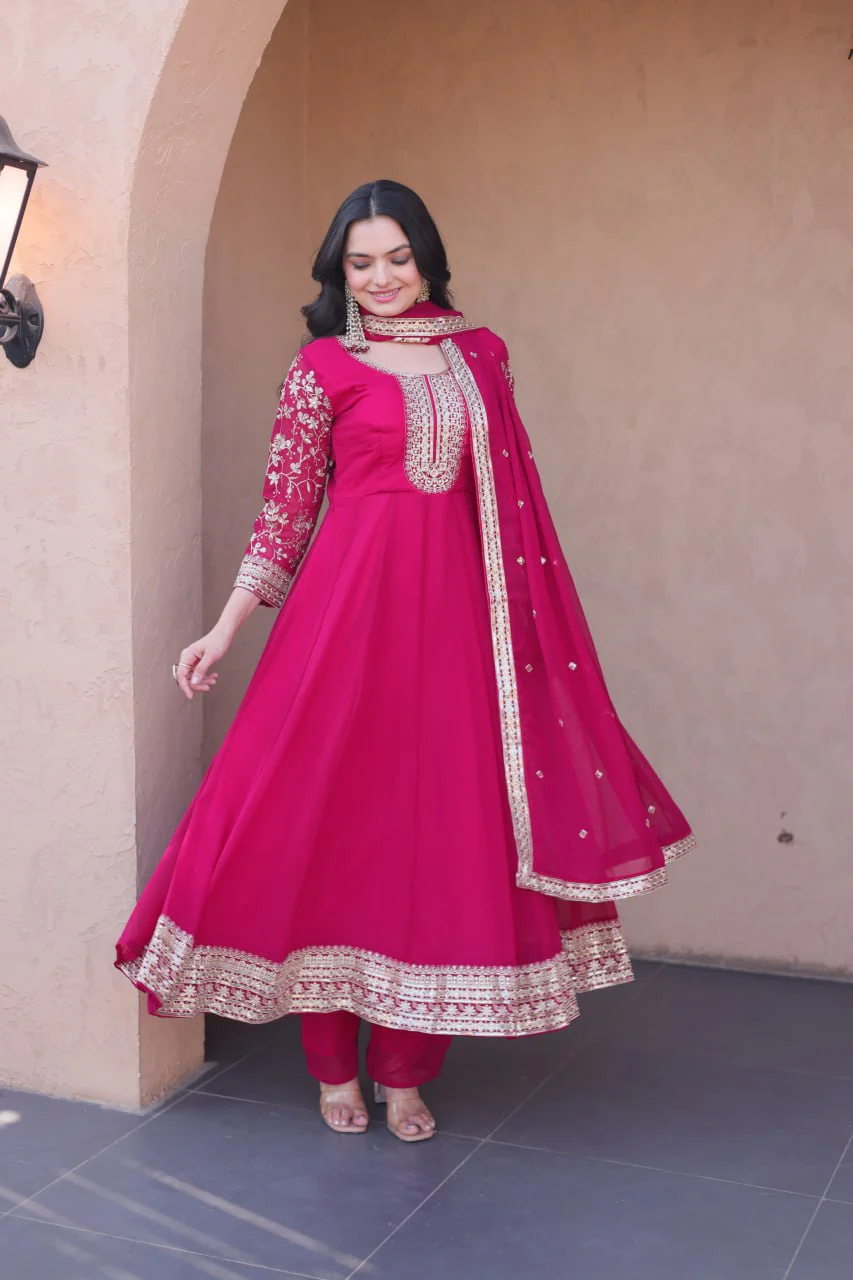 Designer Faux Blooming Anarkali Gown with Pant and Dupatta - Image 2