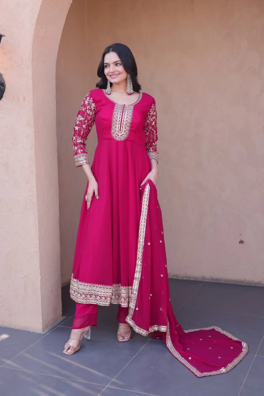 Designer Faux Blooming Anarkali Gown with Pant and Dupatta - Image 3