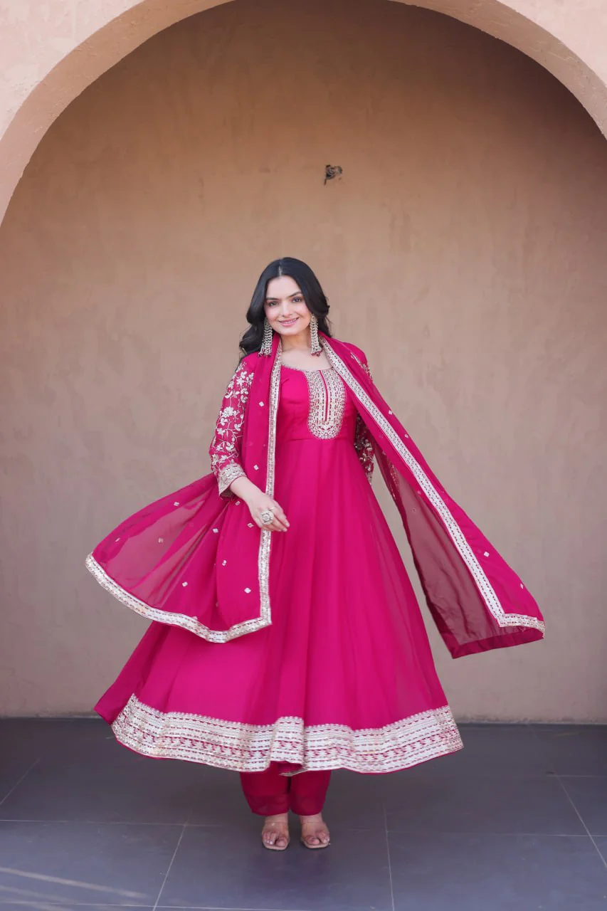 Designer Faux Blooming Anarkali Gown with Pant and Dupatta - Image 4