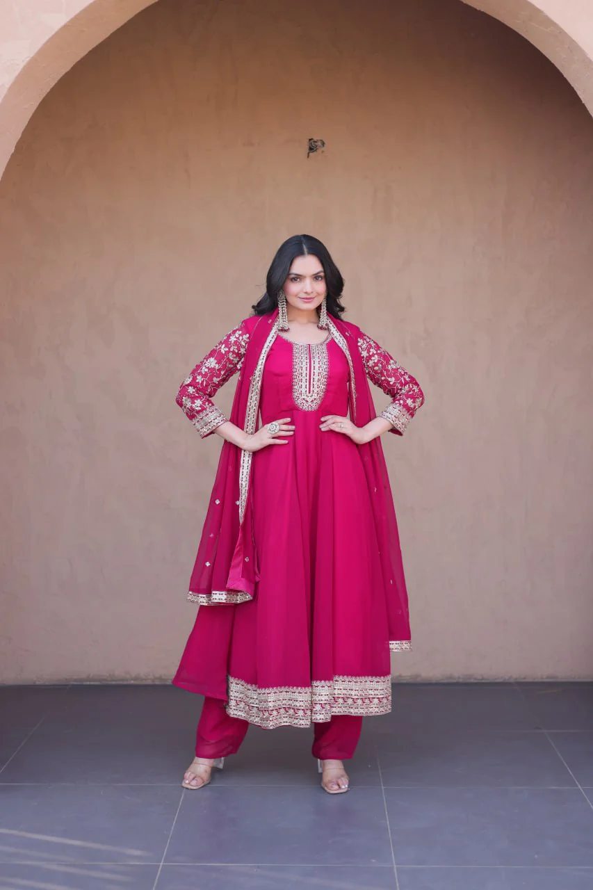 Designer Faux Blooming Anarkali Gown with Pant and Dupatta - Image 5