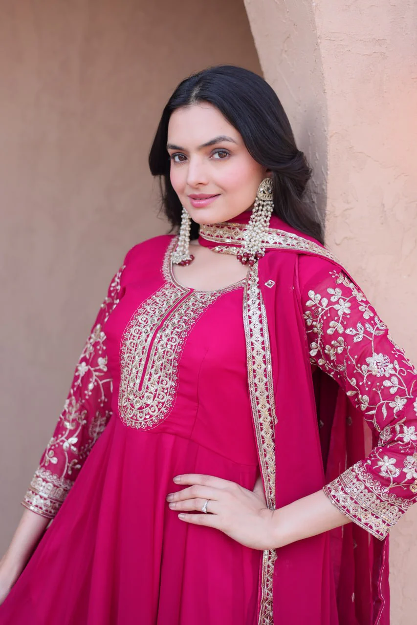 Designer Faux Blooming Anarkali Gown with Pant and Dupatta - Image 6
