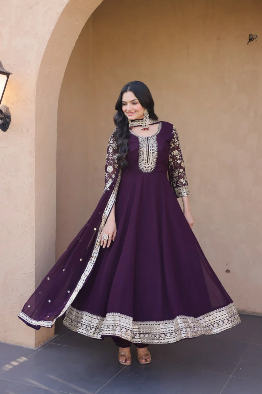 Designer Faux Blooming Anarkali Gown with Pant and Dupatta - Image 9