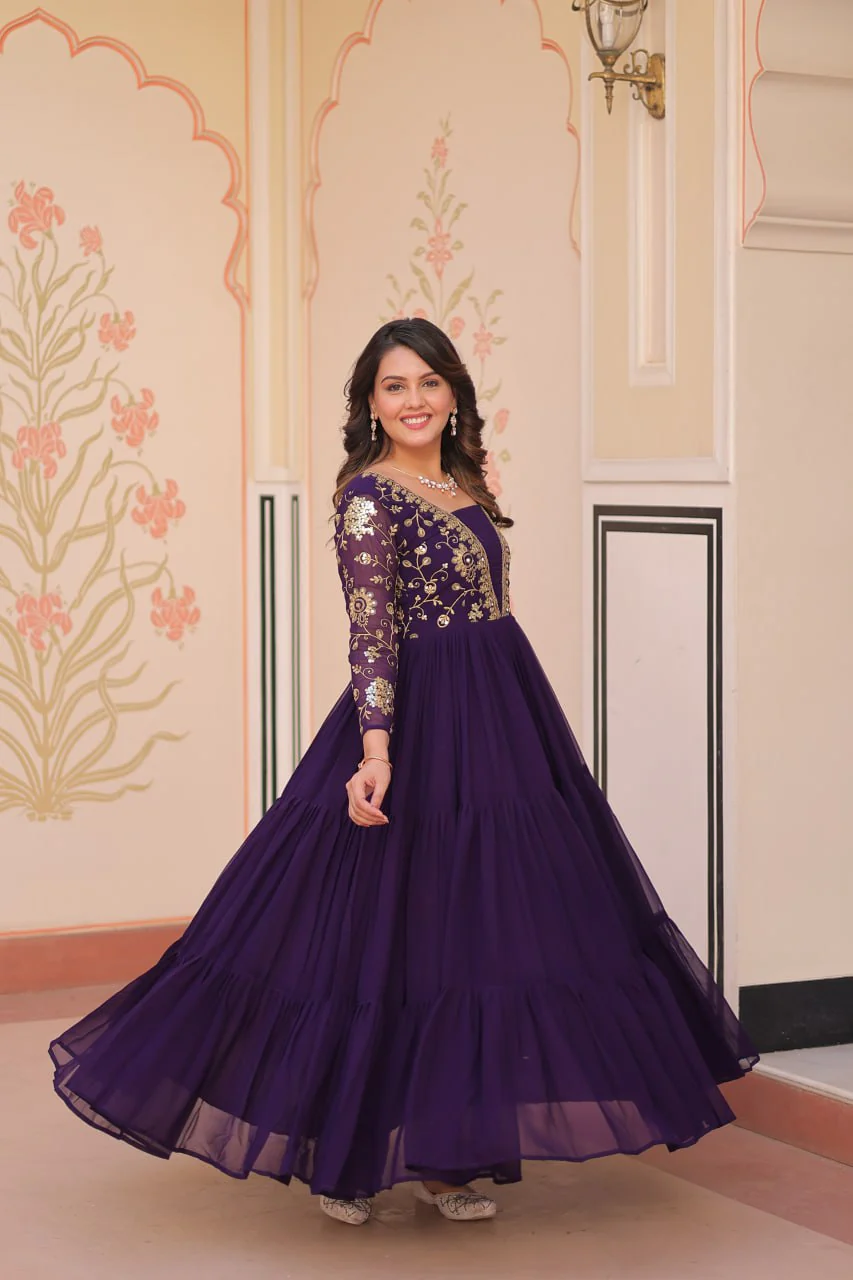 Designer Faux Blooming With Sequins & Zari Embroidered Work Gown - Image 10