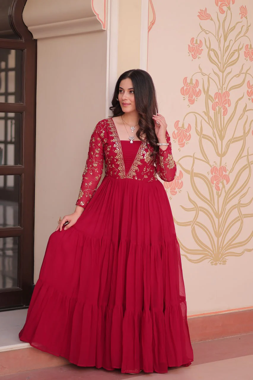 Designer Faux Blooming With Sequins & Zari Embroidered Work Gown - Image 11