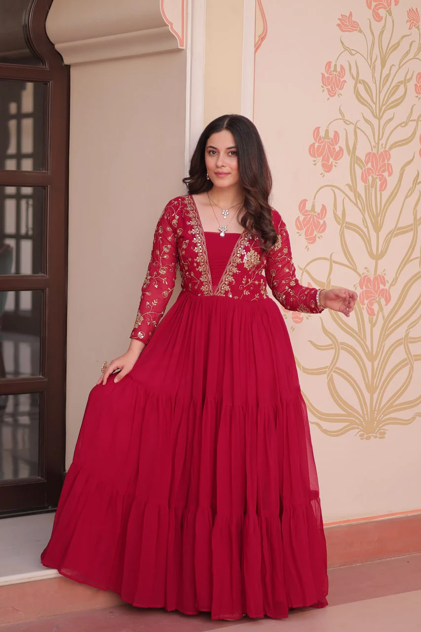 Designer Faux Blooming With Sequins & Zari Embroidered Work Gown - Image 12