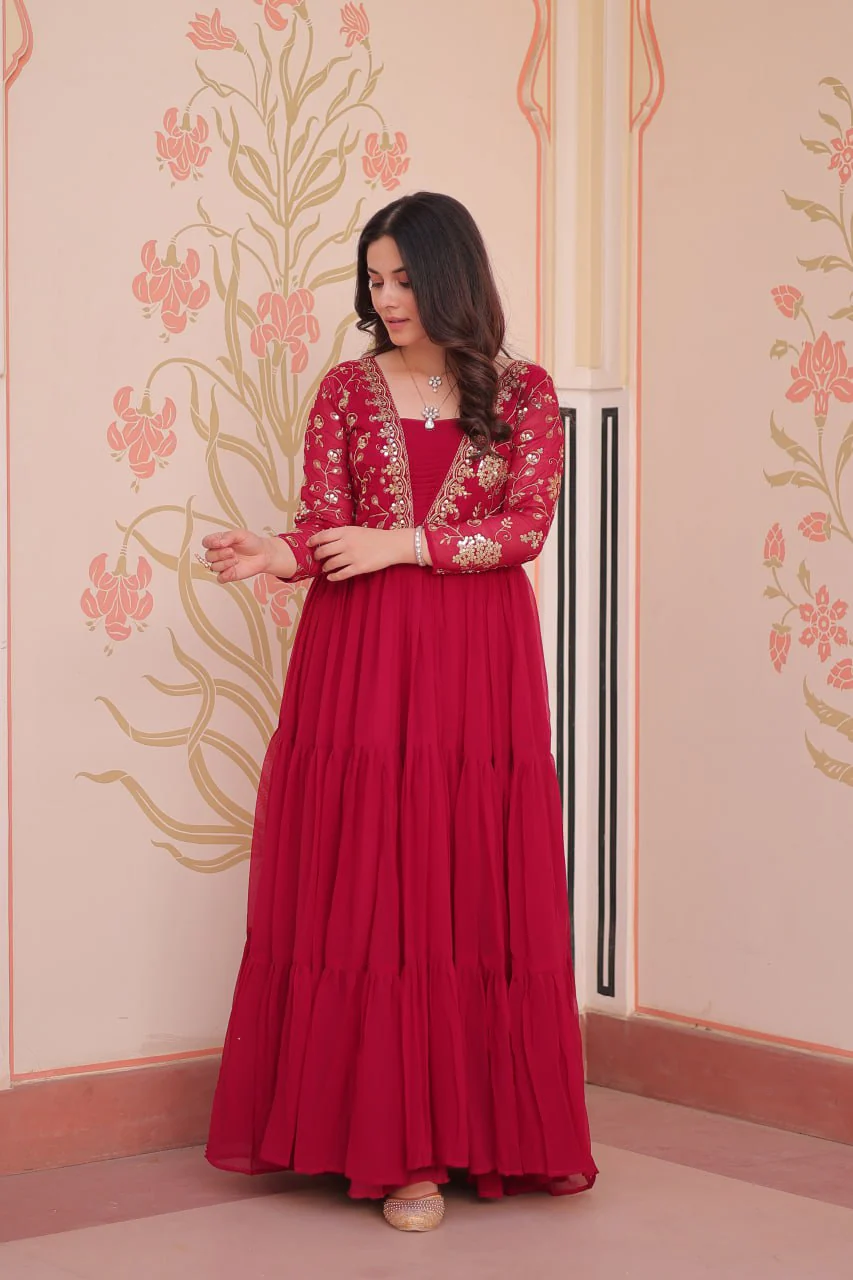 Designer Faux Blooming With Sequins & Zari Embroidered Work Gown - Image 14