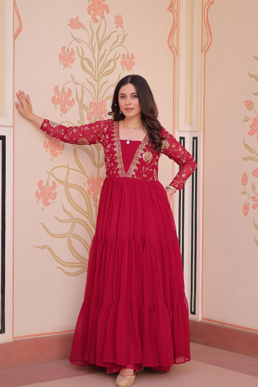 Designer Faux Blooming With Sequins & Zari Embroidered Work Gown - Image 15