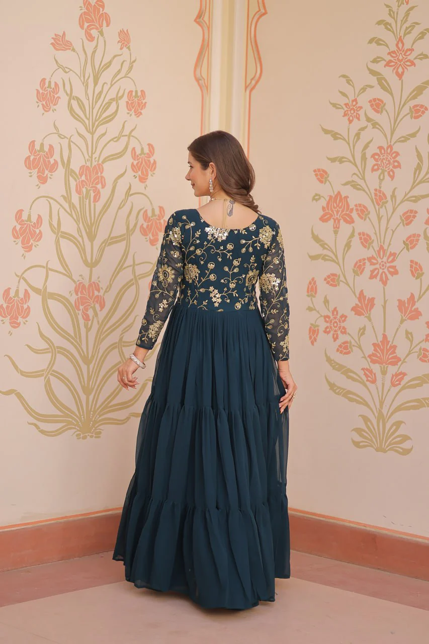 Designer Faux Blooming With Sequins & Zari Embroidered Work Gown - Image 3