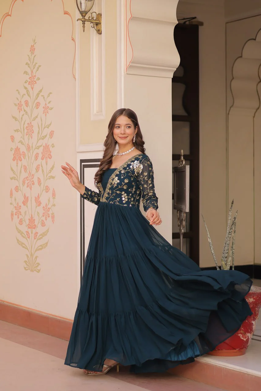 Designer Faux Blooming With Sequins & Zari Embroidered Work Gown - Image 4