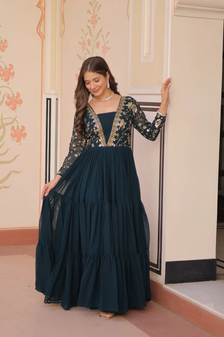 Designer Faux Blooming With Sequins & Zari Embroidered Work Gown - Image 5