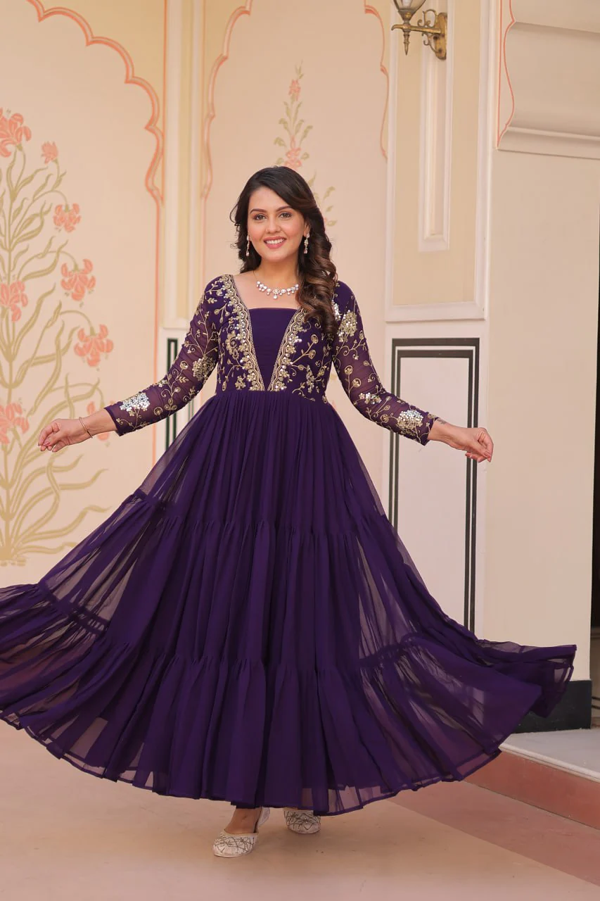 Designer Faux Blooming With Sequins & Zari Embroidered Work Gown - Image 6