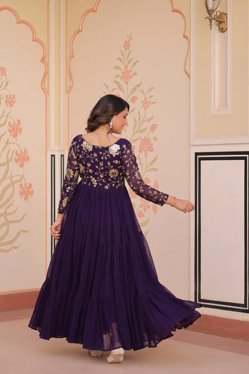 Designer Faux Blooming With Sequins & Zari Embroidered Work Gown - Image 7
