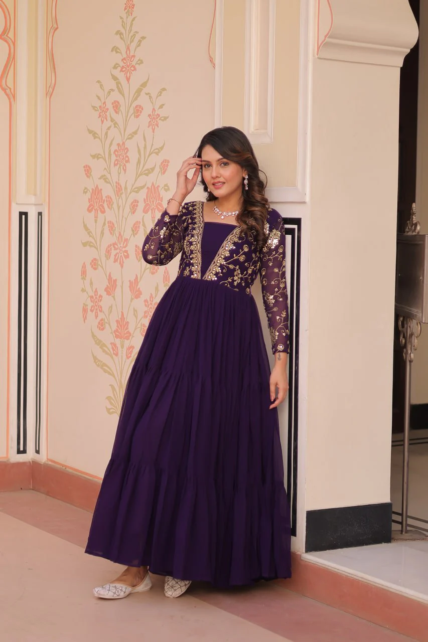 Designer Faux Blooming With Sequins & Zari Embroidered Work Gown - Image 8