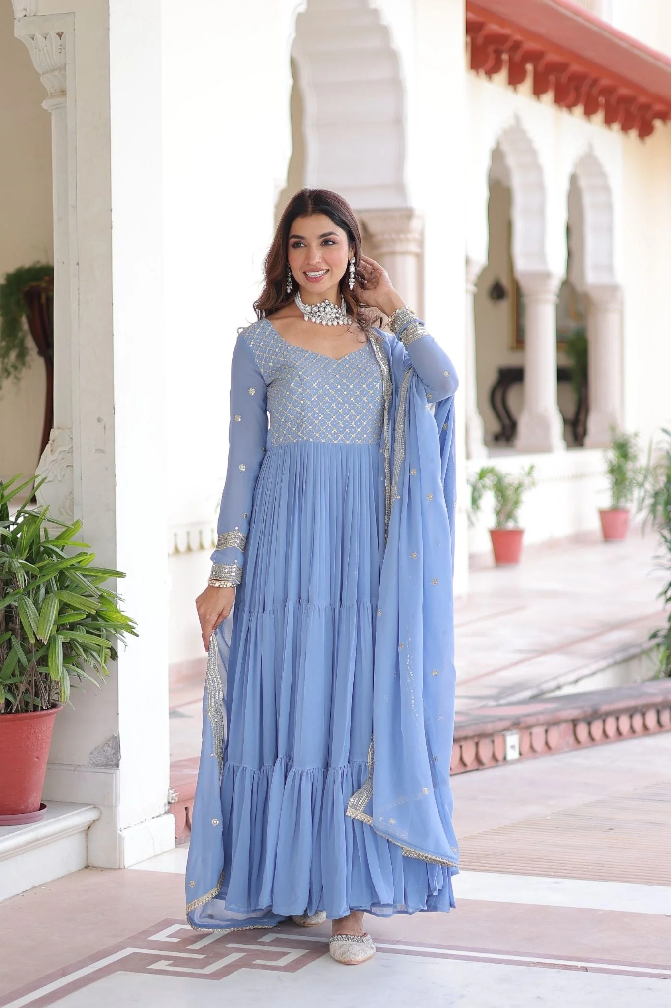 Designer Georgette Embroidered Gown Set With Sequins And Zari Work For Women - Image 4