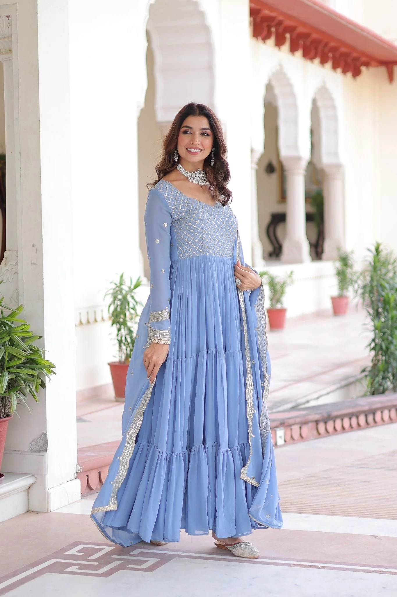 Designer Georgette Embroidered Gown Set With Sequins And Zari Work For Women - Image 5