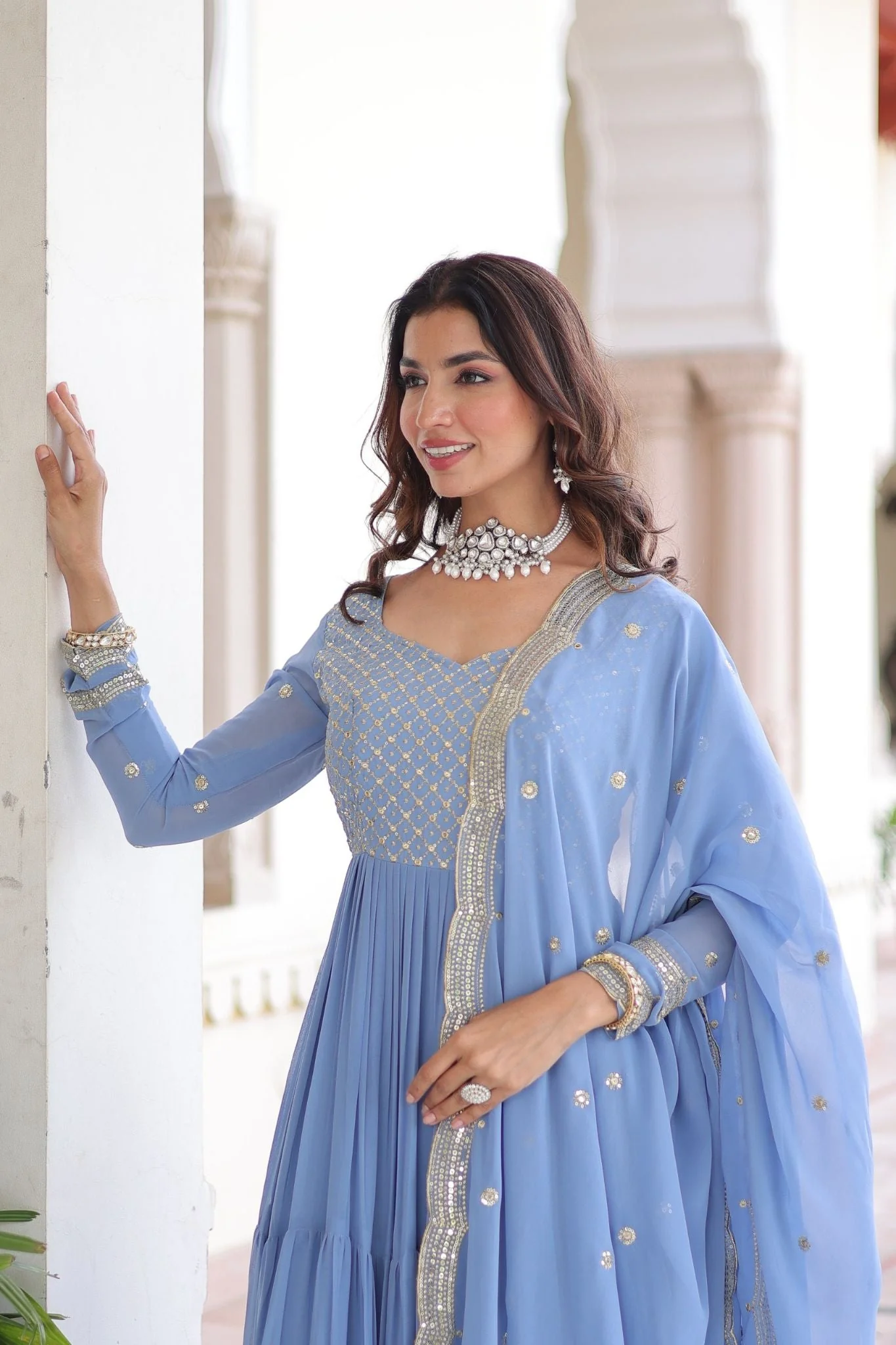 Designer Georgette Embroidered Gown Set With Sequins And Zari Work For Women - Image 6
