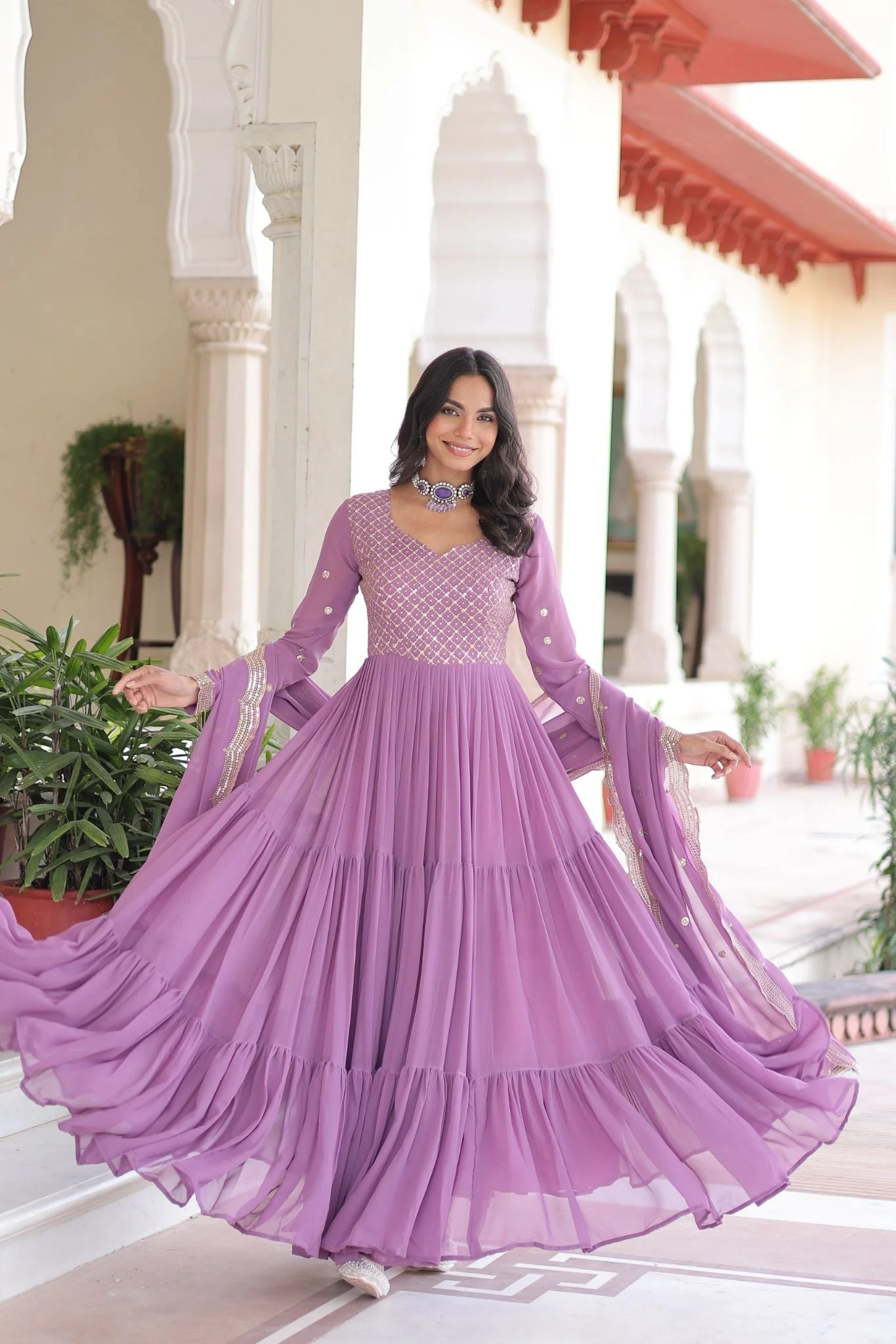 Designer Georgette Embroidered Gown Set With Sequins And Zari Work For Women - Image 8