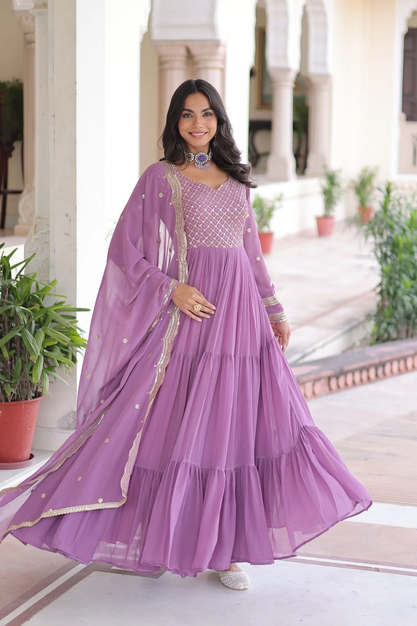 Designer Georgette Embroidered Gown Set With Sequins And Zari Work For Women - Image 9