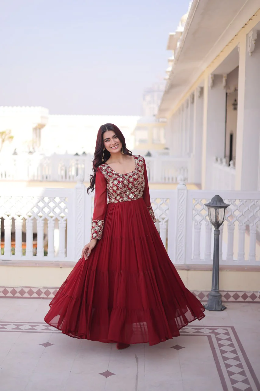 Designer Georgette Sequins Zari Work Flared Gown for Women