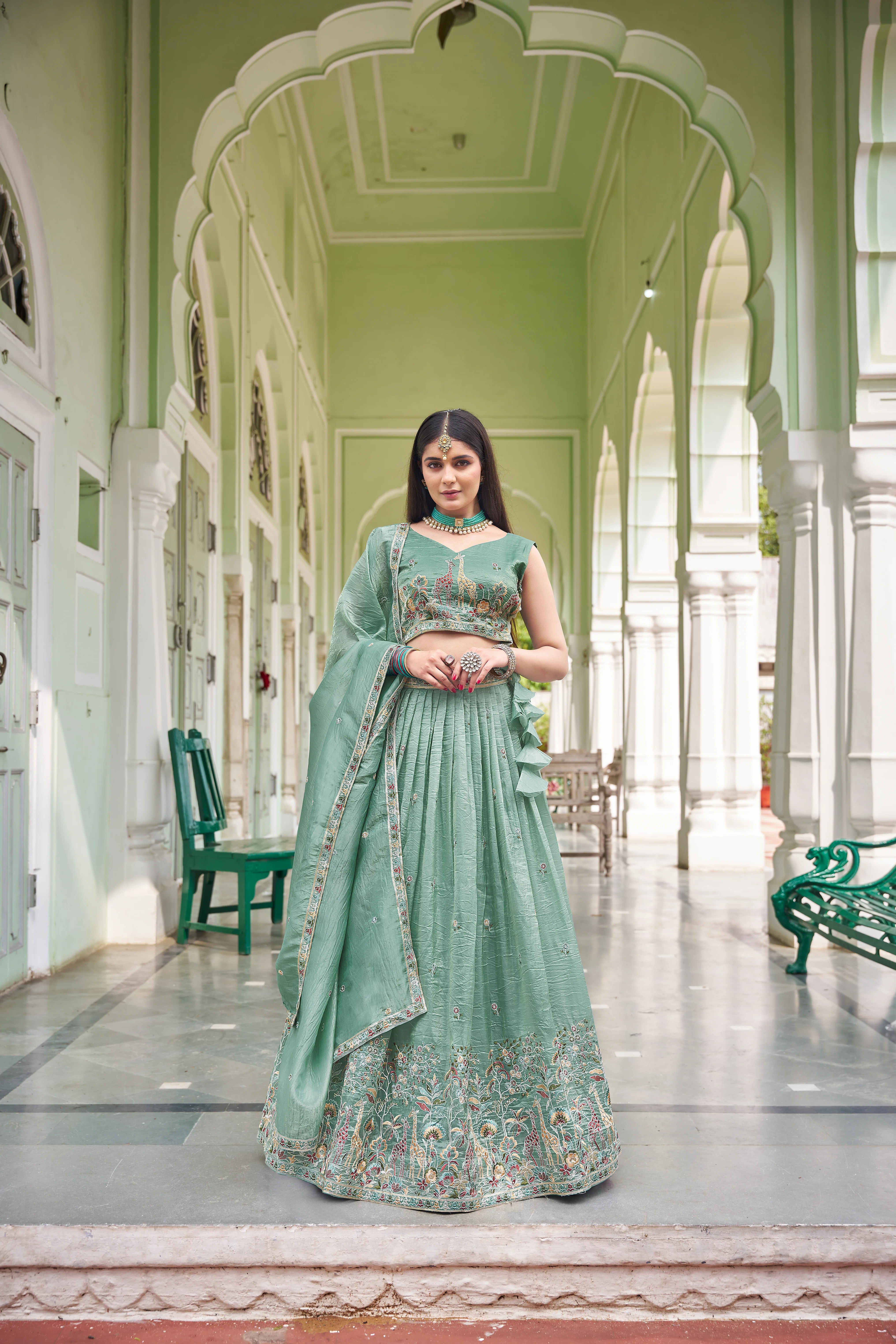 Designer Gold Crush Fabric with Rich Thread & Sequin Lehenga