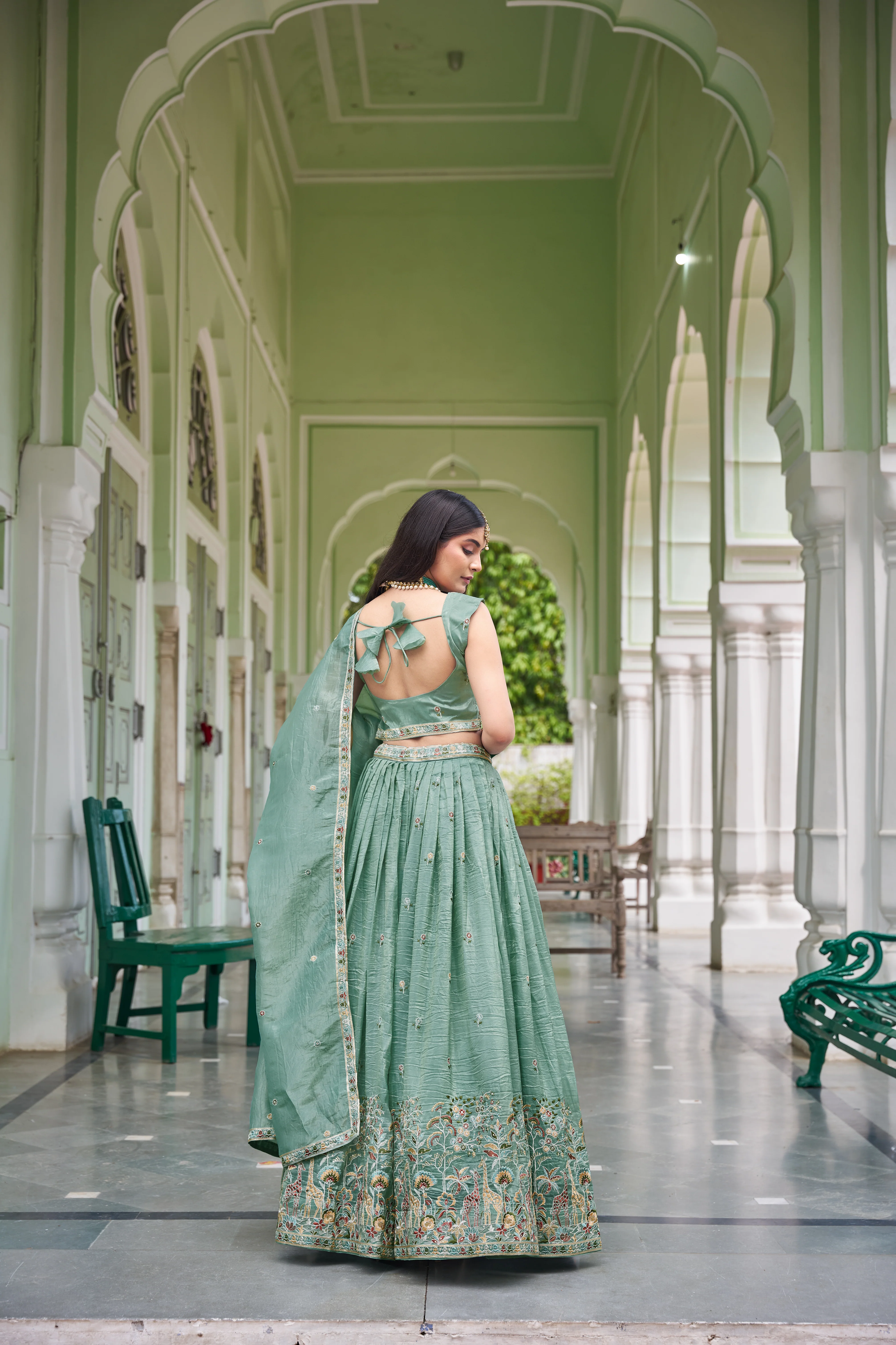 Designer Gold Crush Fabric with Rich Thread & Sequin Lehenga - Image 5