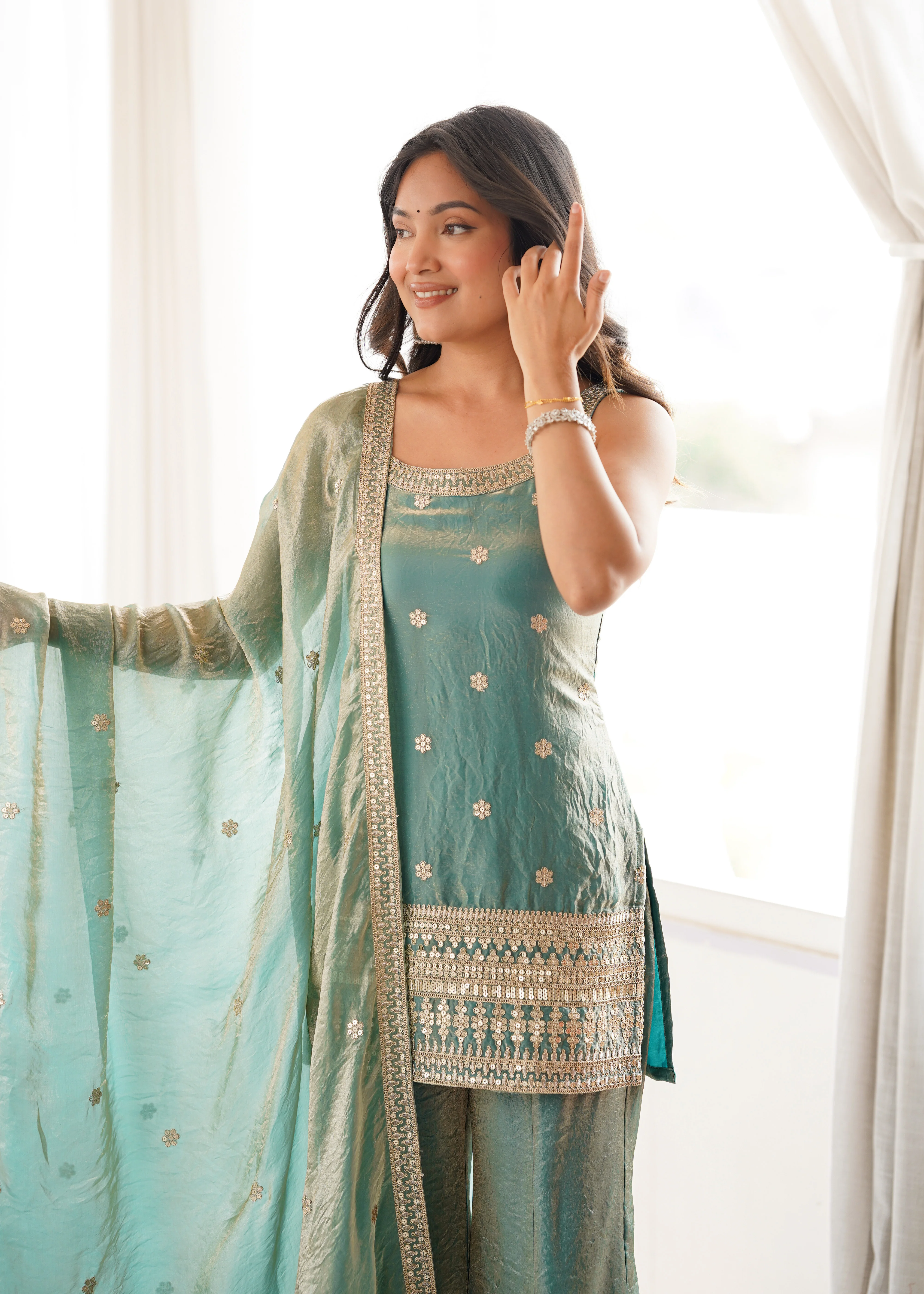 Designer Green Frendy Silk Sequence Dori Work Kurta Set with Bell Bottom Pant - Image 2