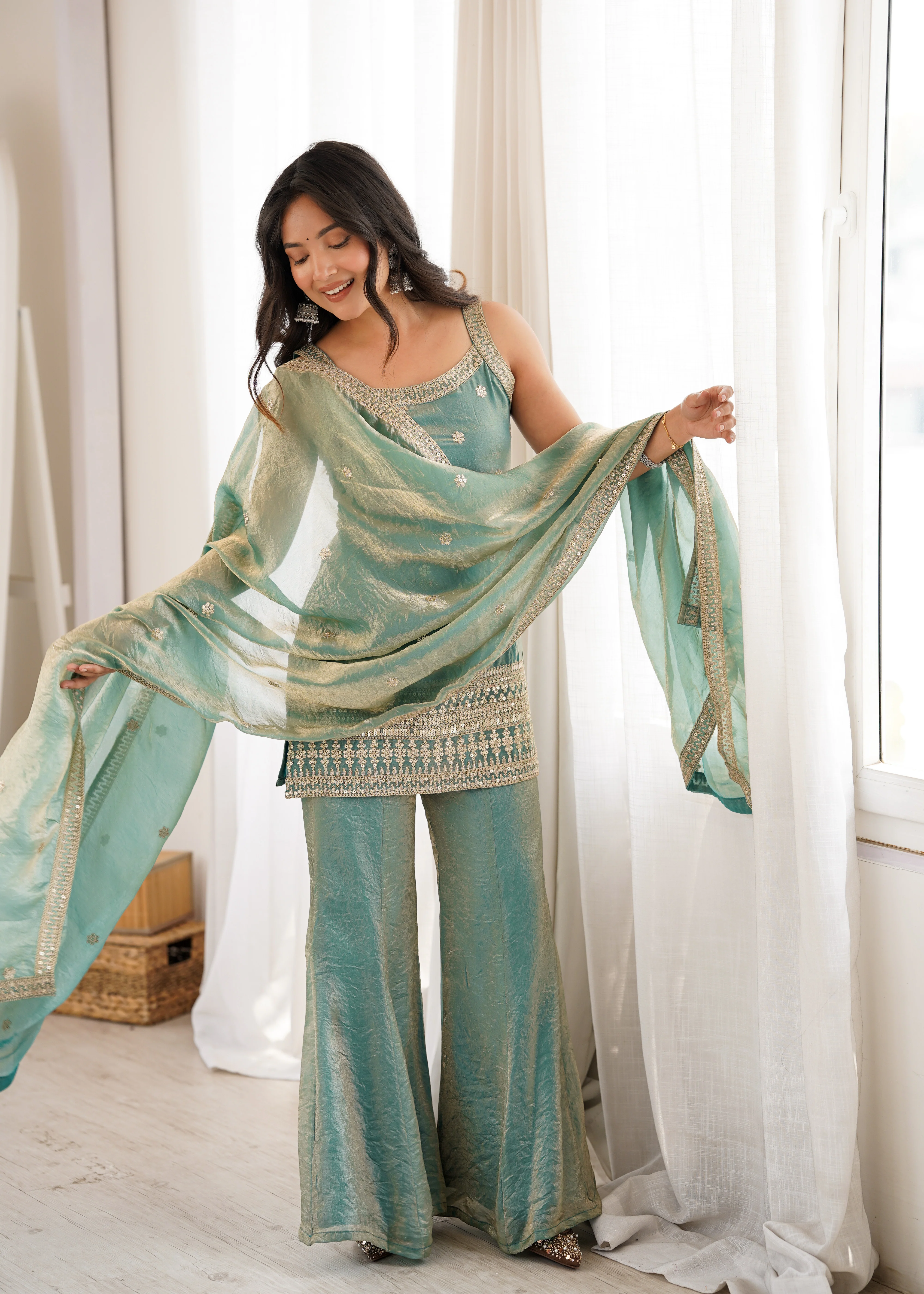 Designer Green Frendy Silk Sequence Dori Work Kurta Set with Bell Bottom Pant - Image 3