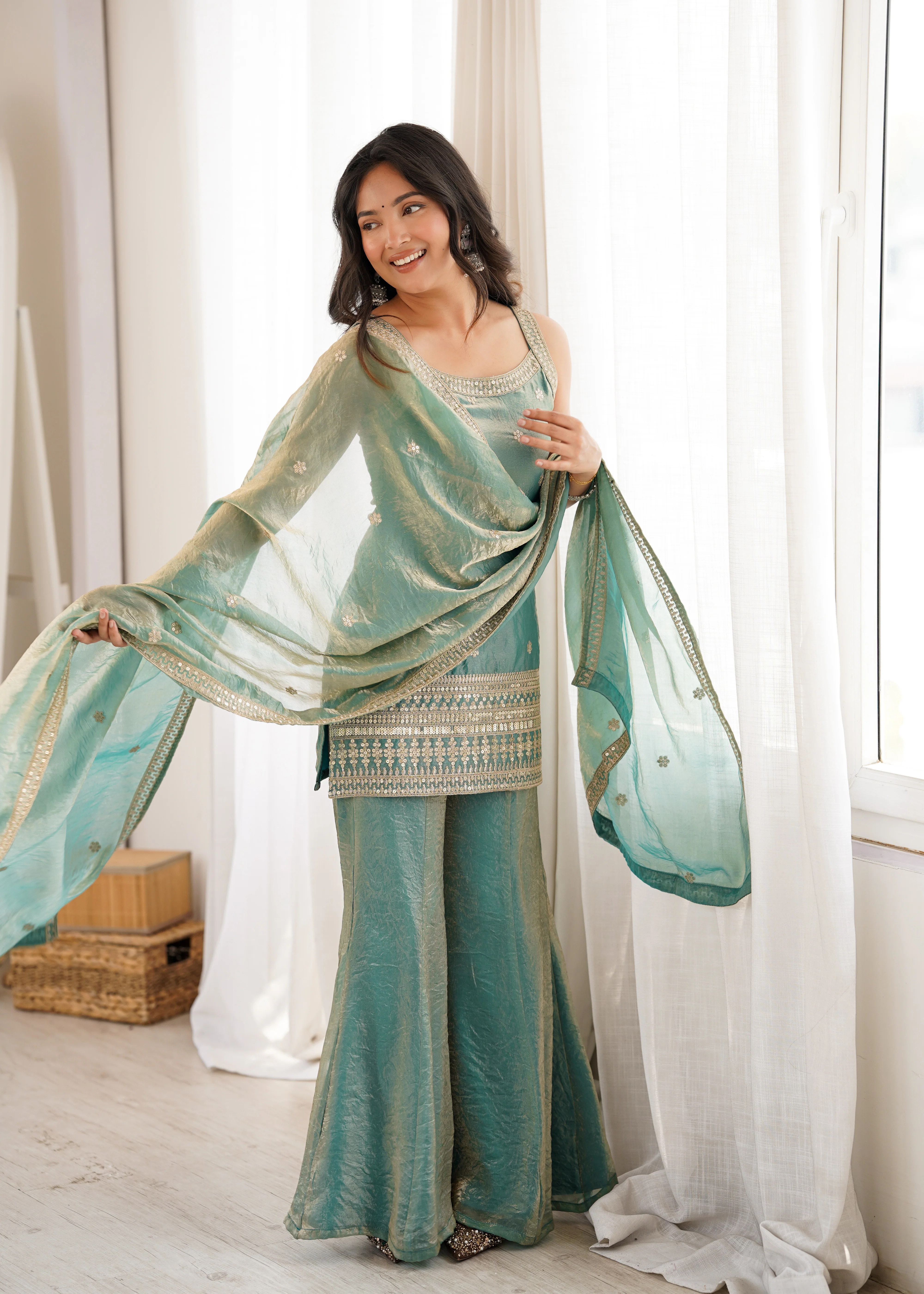 Designer Green Frendy Silk Sequence Dori Work Kurta Set with Bell Bottom Pant - Image 4