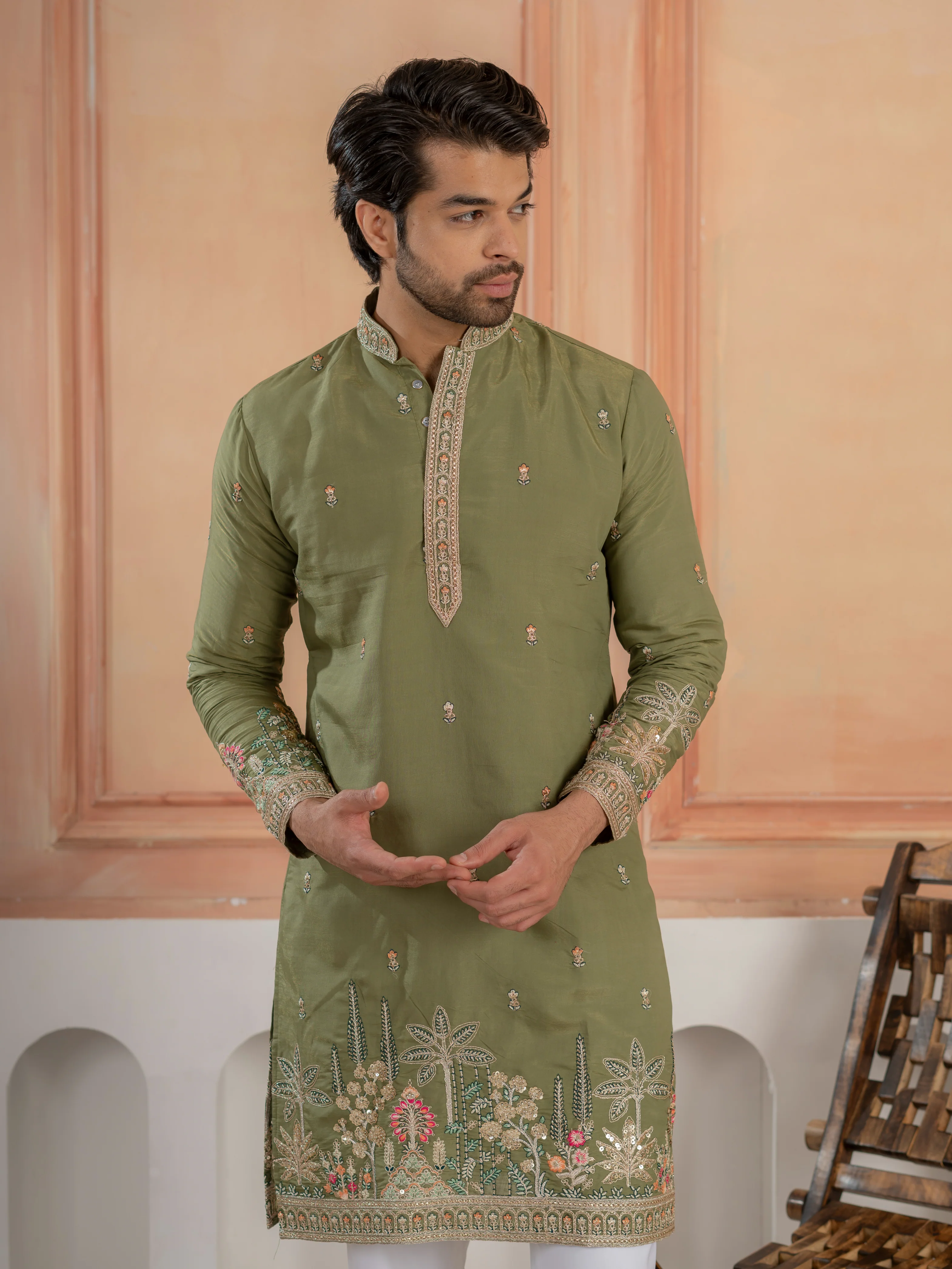 Designer Green Multi Colour Embroidery Golden Sequence Work Kurta Set - Image 2
