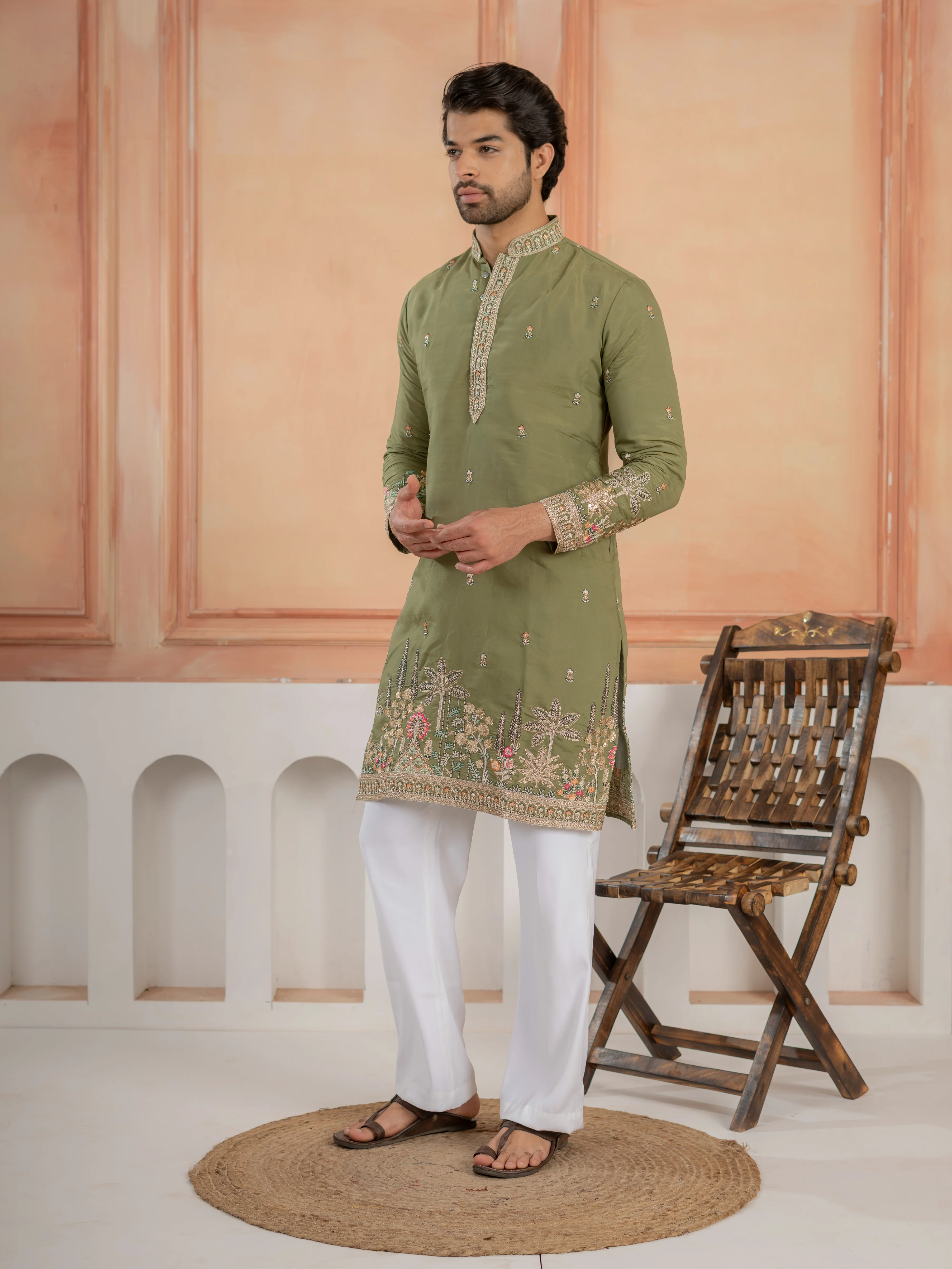 Designer Green Multi Colour Embroidery Golden Sequence Work Kurta Set - Image 5