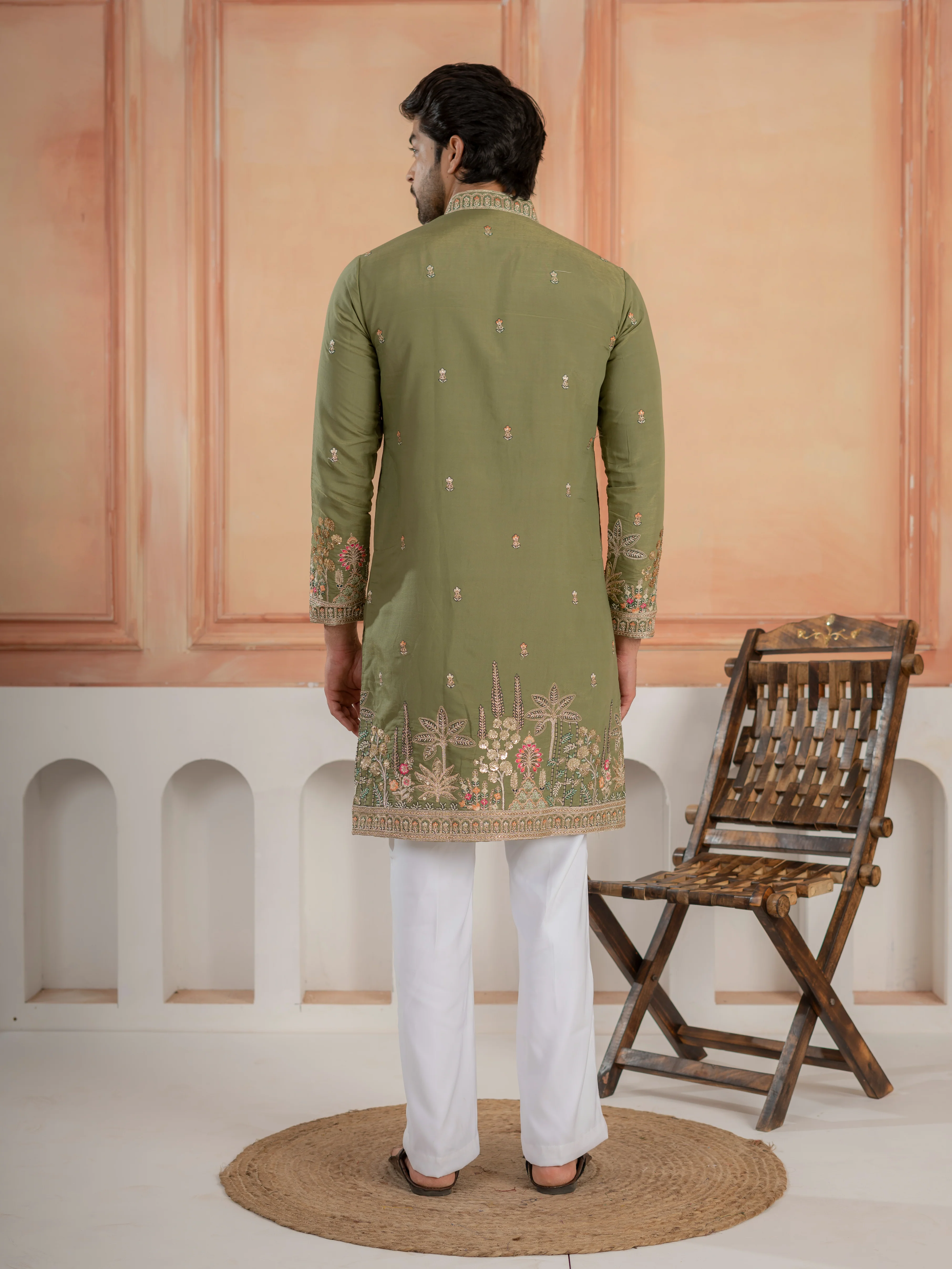 Designer Green Multi Colour Embroidery Golden Sequence Work Kurta Set - Image 6