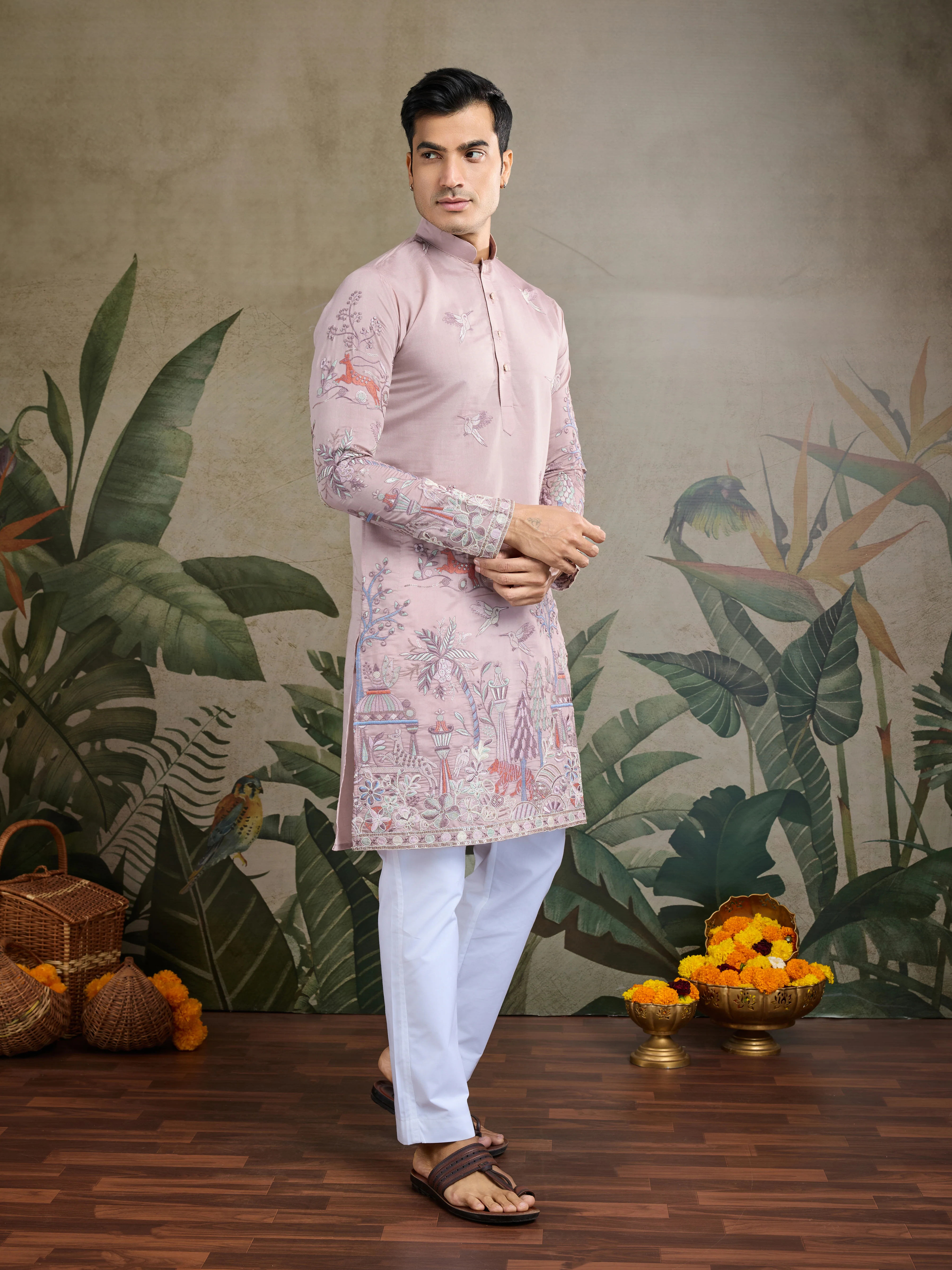 Designer Peach Viscose Silk fancy kurtas for men - Image 6