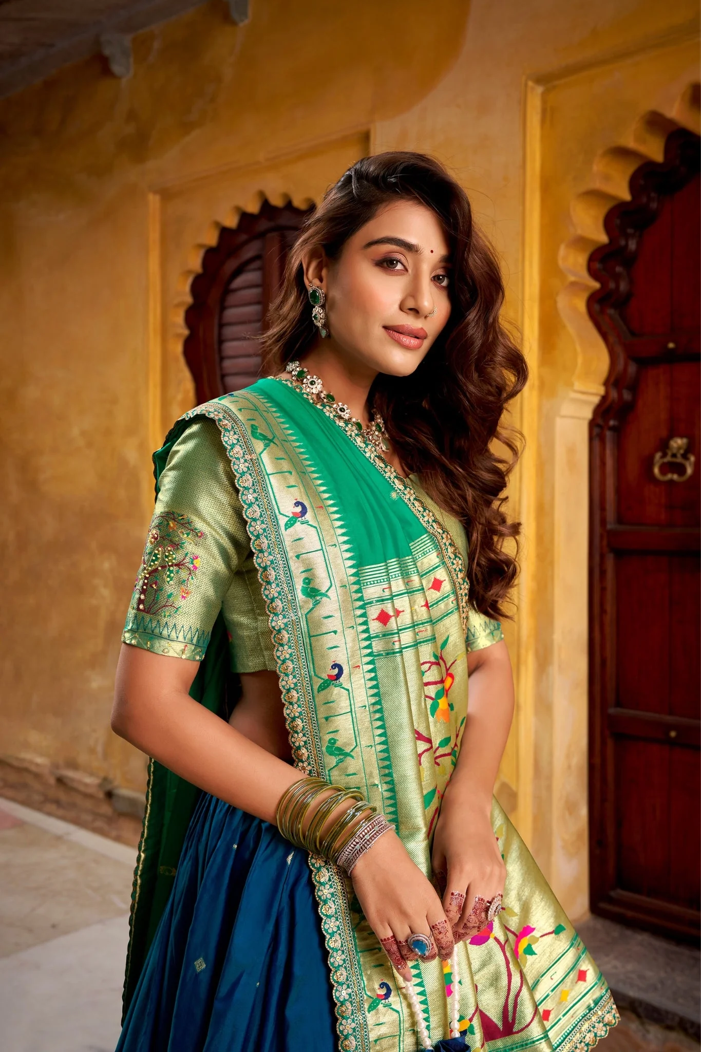 Designer Premium Paithani Soft Silk Zari Weaving Sequins With Thread Embroidery Lehenga Set - Image 10