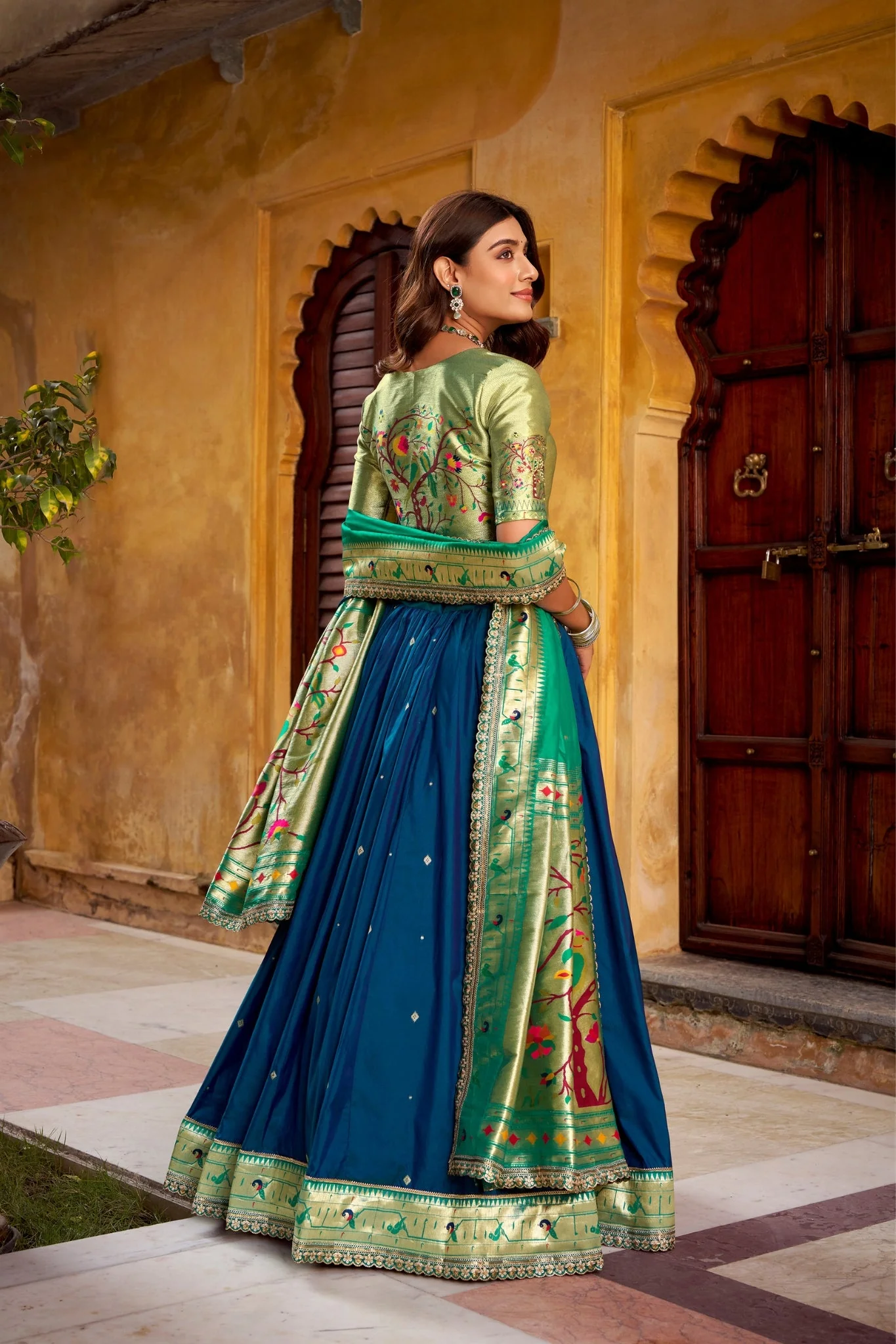 Designer Premium Paithani Soft Silk Zari Weaving Sequins With Thread Embroidery Lehenga Set - Image 11