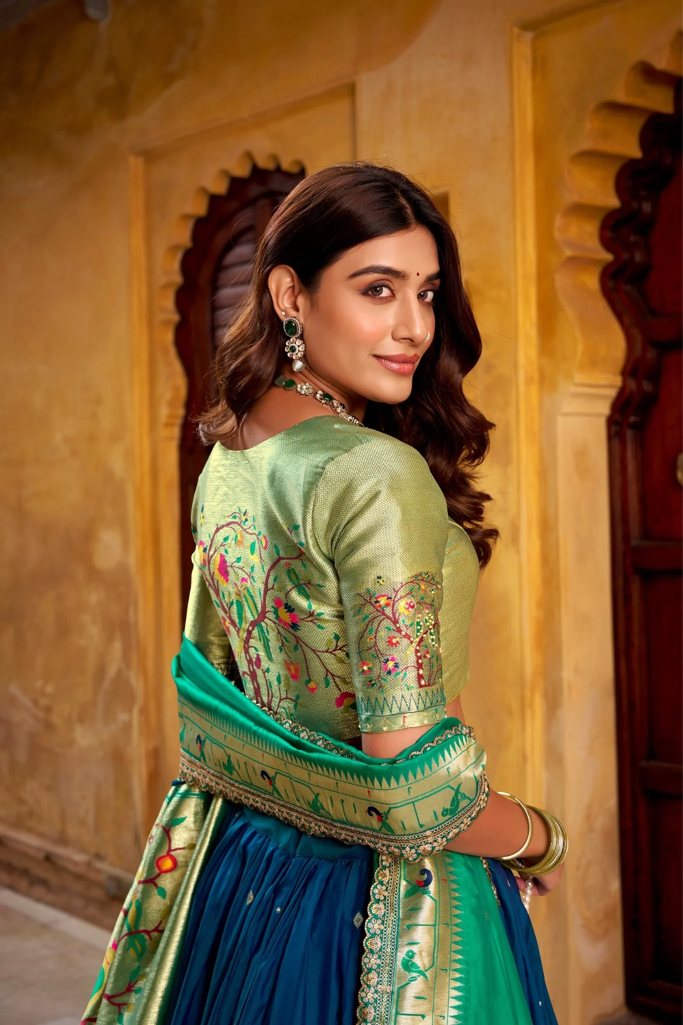 Designer Premium Paithani Soft Silk Zari Weaving Sequins With Thread Embroidery Lehenga Set - Image 12