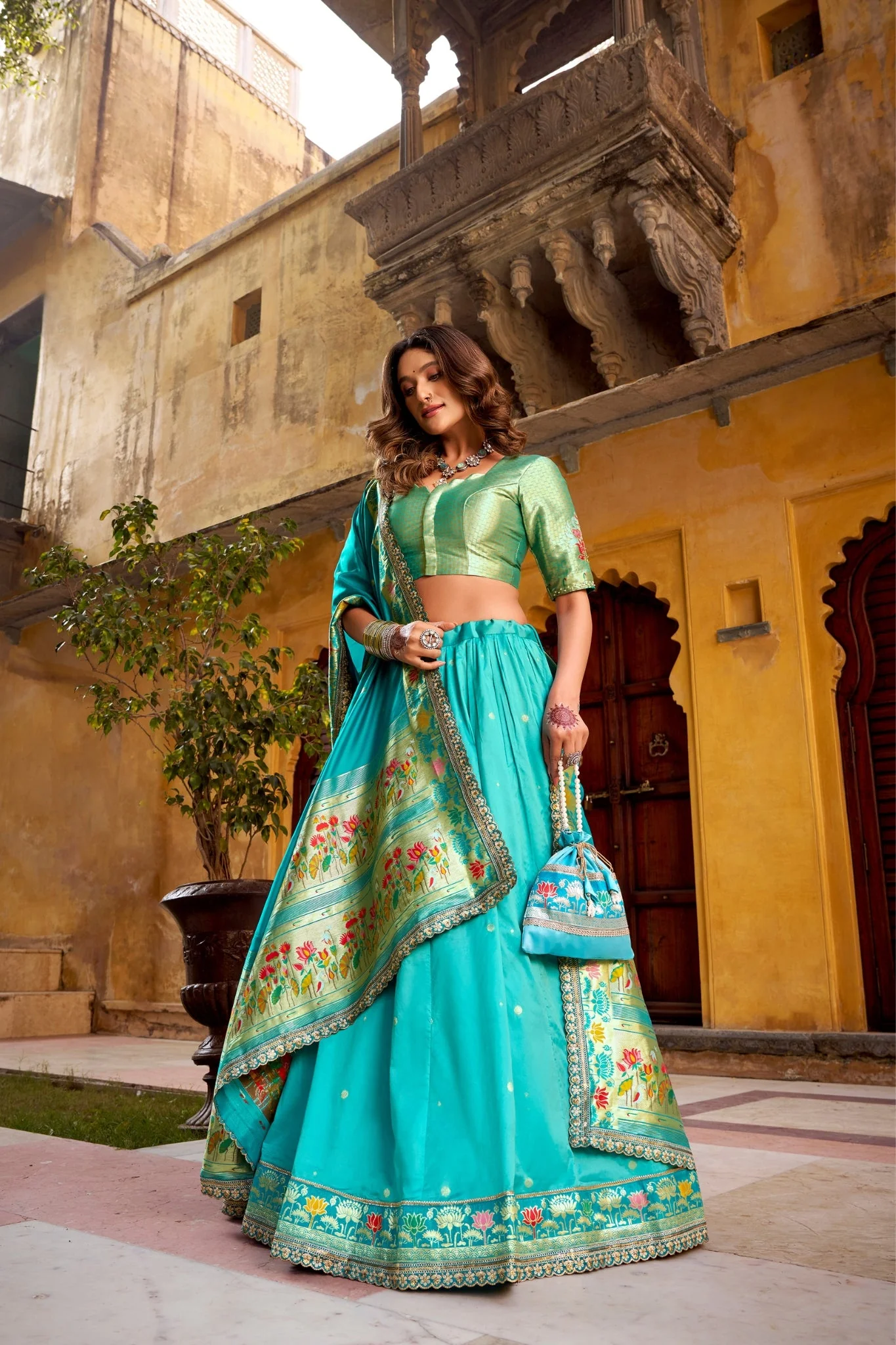 Designer Premium Paithani Soft Silk Zari Weaving Sequins With Thread Embroidery Lehenga Set - Image 14