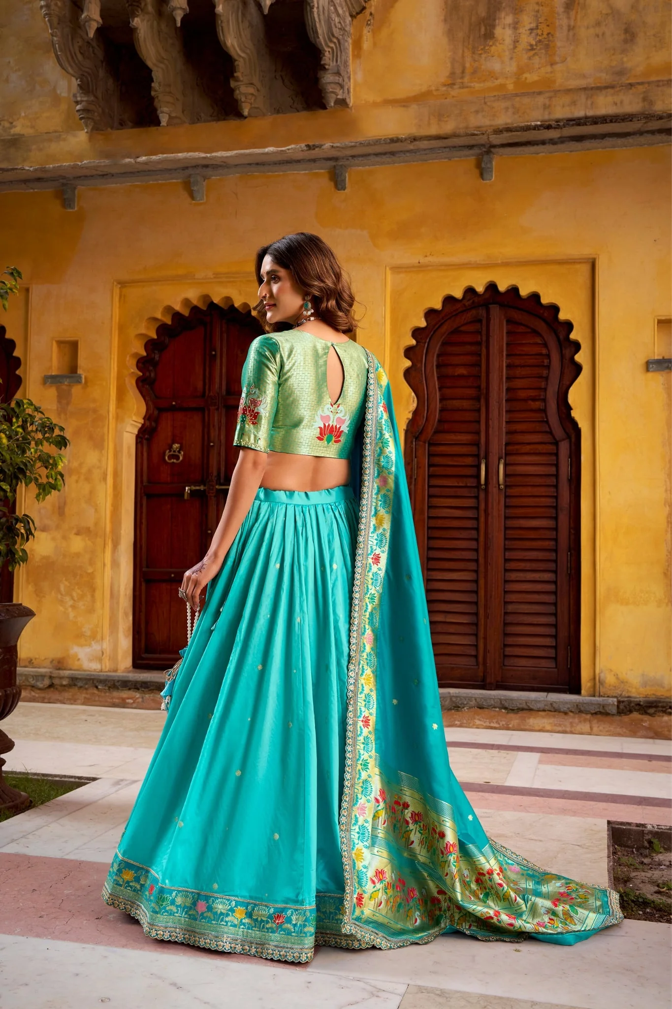 Designer Premium Paithani Soft Silk Zari Weaving Sequins With Thread Embroidery Lehenga Set - Image 17
