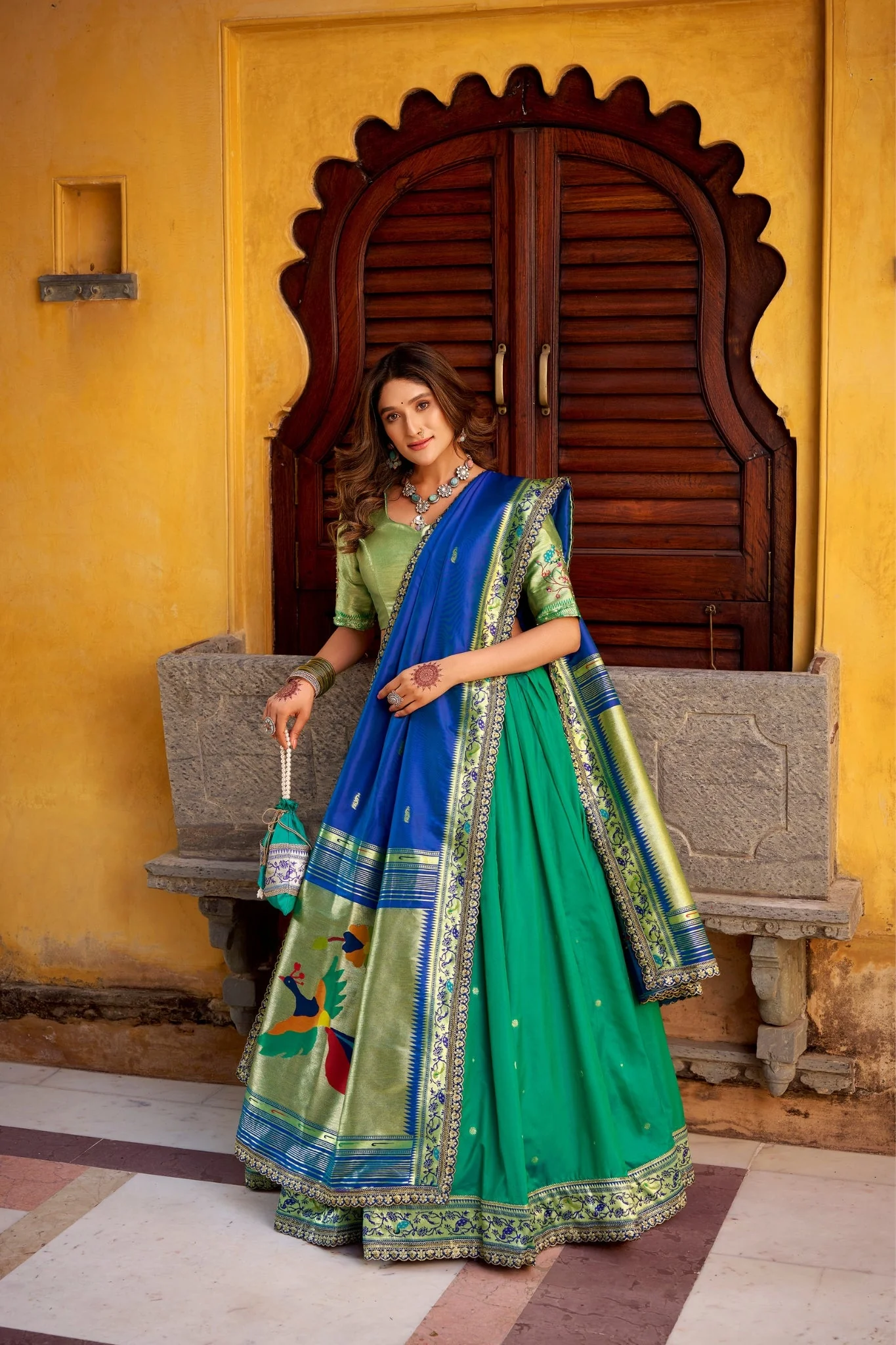 Designer Premium Paithani Soft Silk Zari Weaving Sequins With Thread Embroidery Lehenga Set - Image 19