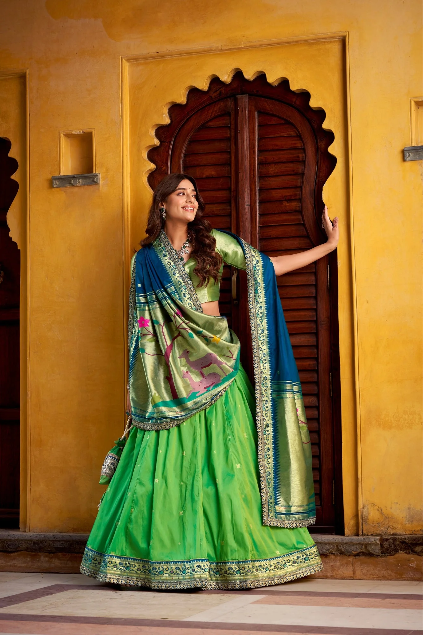 Designer Premium Paithani Soft Silk Zari Weaving Sequins With Thread Embroidery Lehenga Set - Image 2