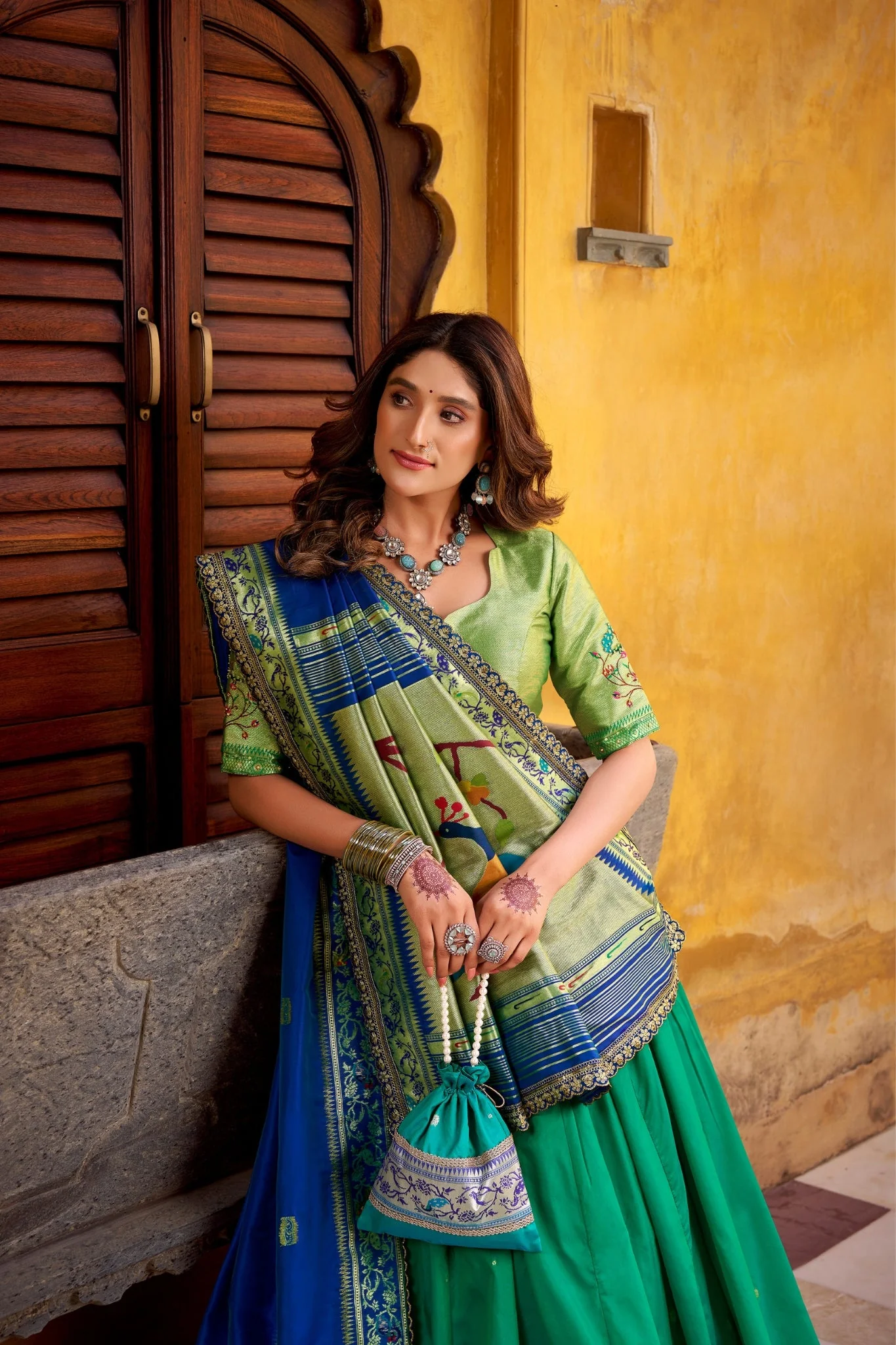 Designer Premium Paithani Soft Silk Zari Weaving Sequins With Thread Embroidery Lehenga Set - Image 22