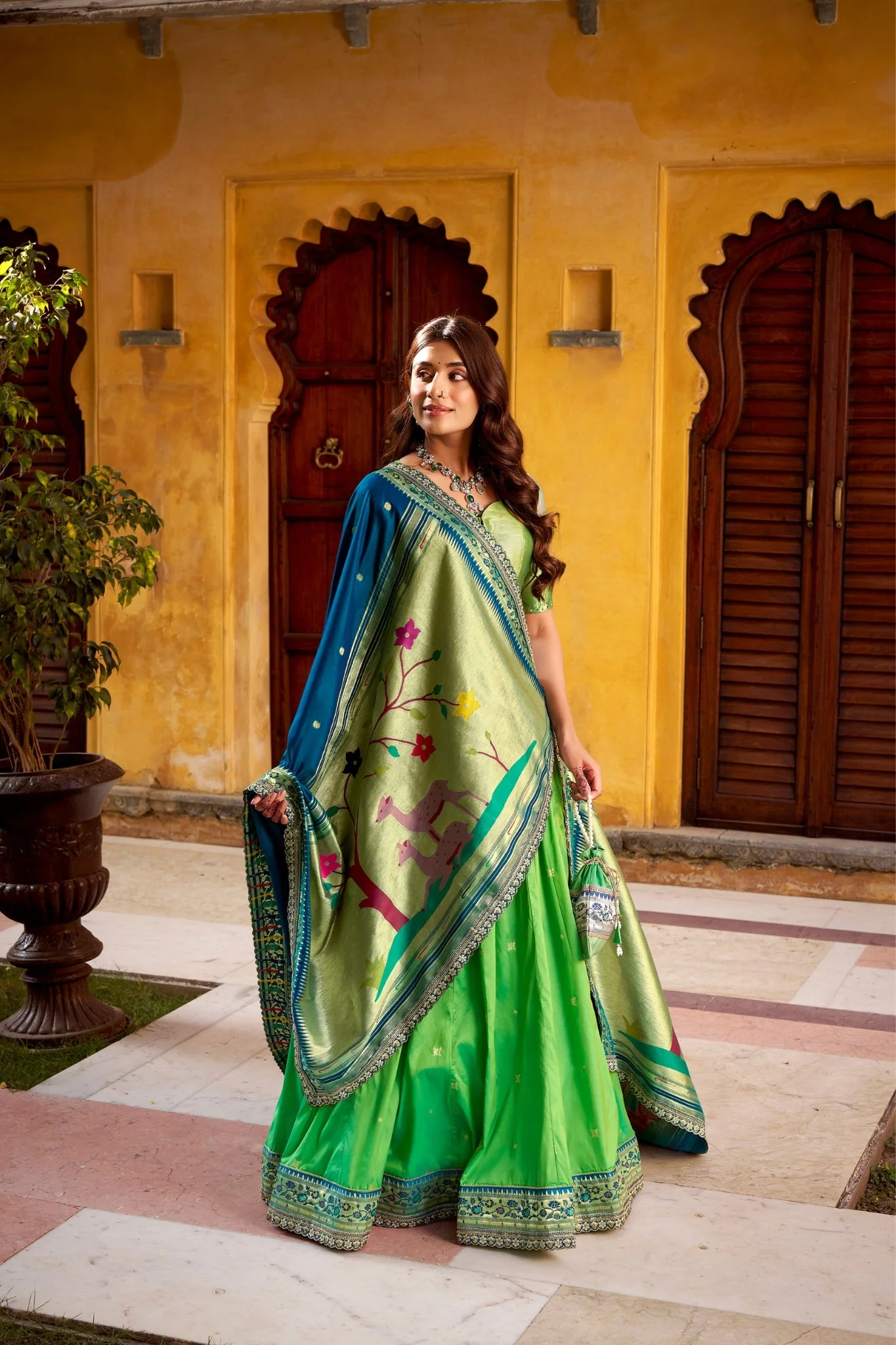 Designer Premium Paithani Soft Silk Zari Weaving Sequins With Thread Embroidery Lehenga Set - Image 3