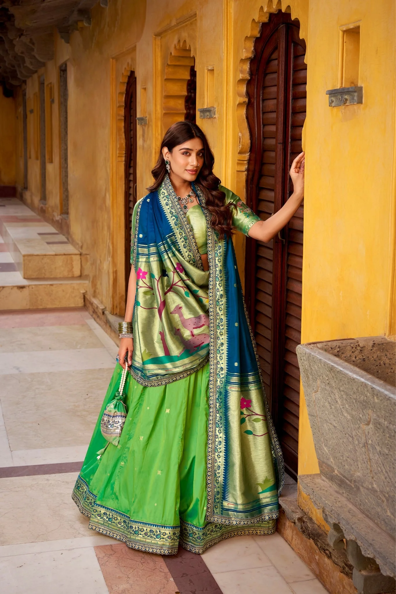 Designer Premium Paithani Soft Silk Zari Weaving Sequins With Thread Embroidery Lehenga Set - Image 4