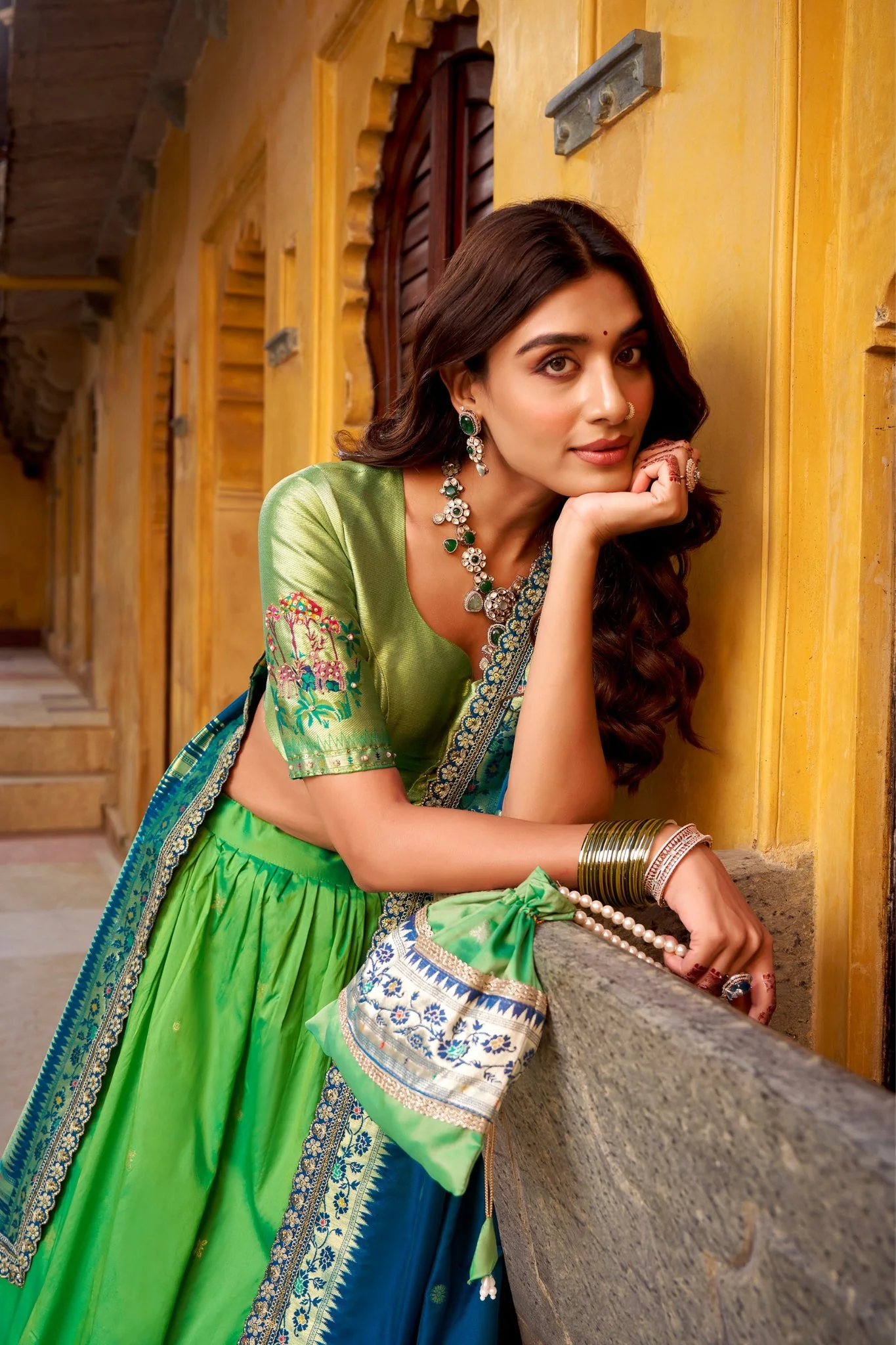 Designer Premium Paithani Soft Silk Zari Weaving Sequins With Thread Embroidery Lehenga Set - Image 5