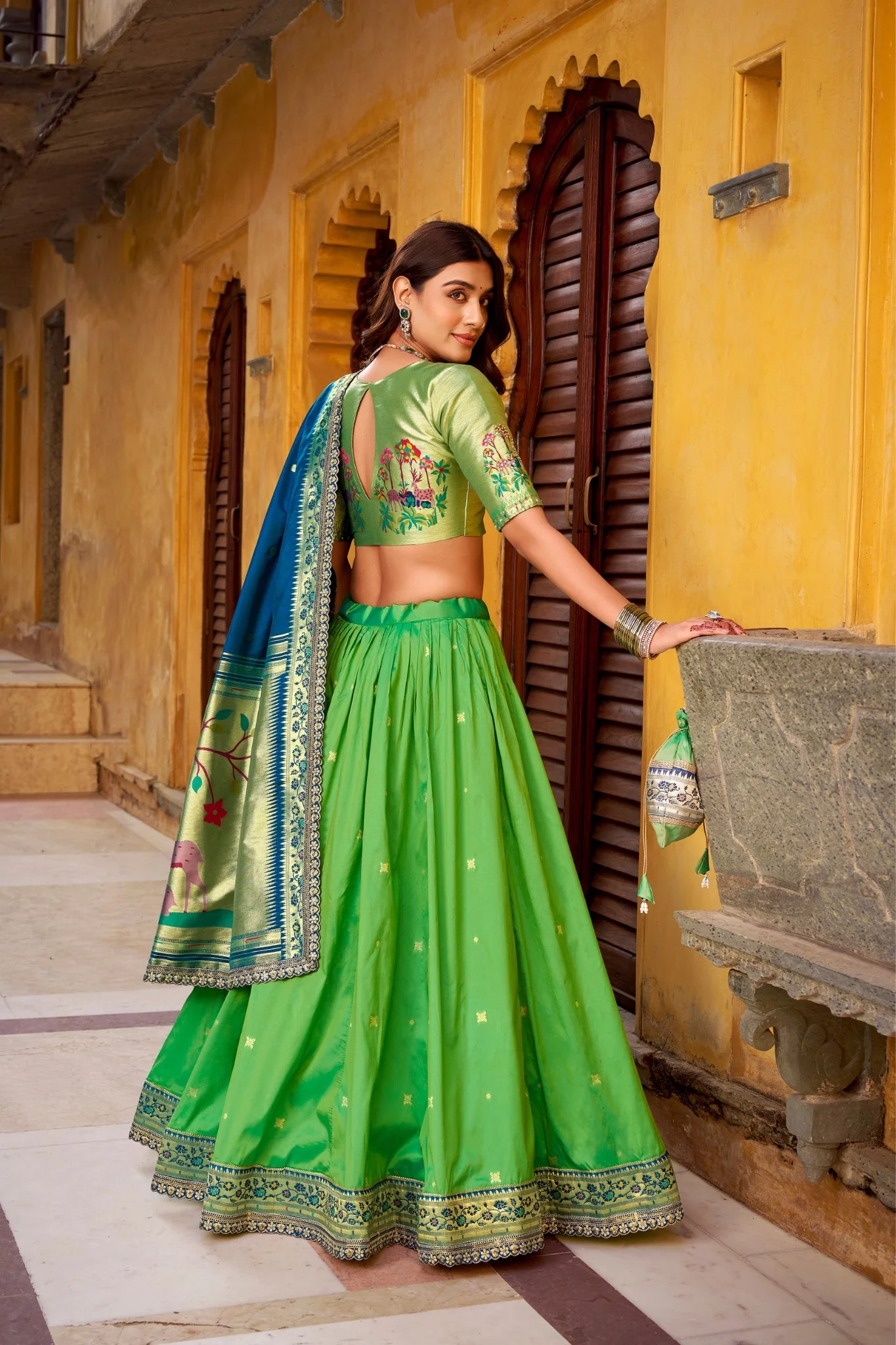 Designer Premium Paithani Soft Silk Zari Weaving Sequins With Thread Embroidery Lehenga Set - Image 6