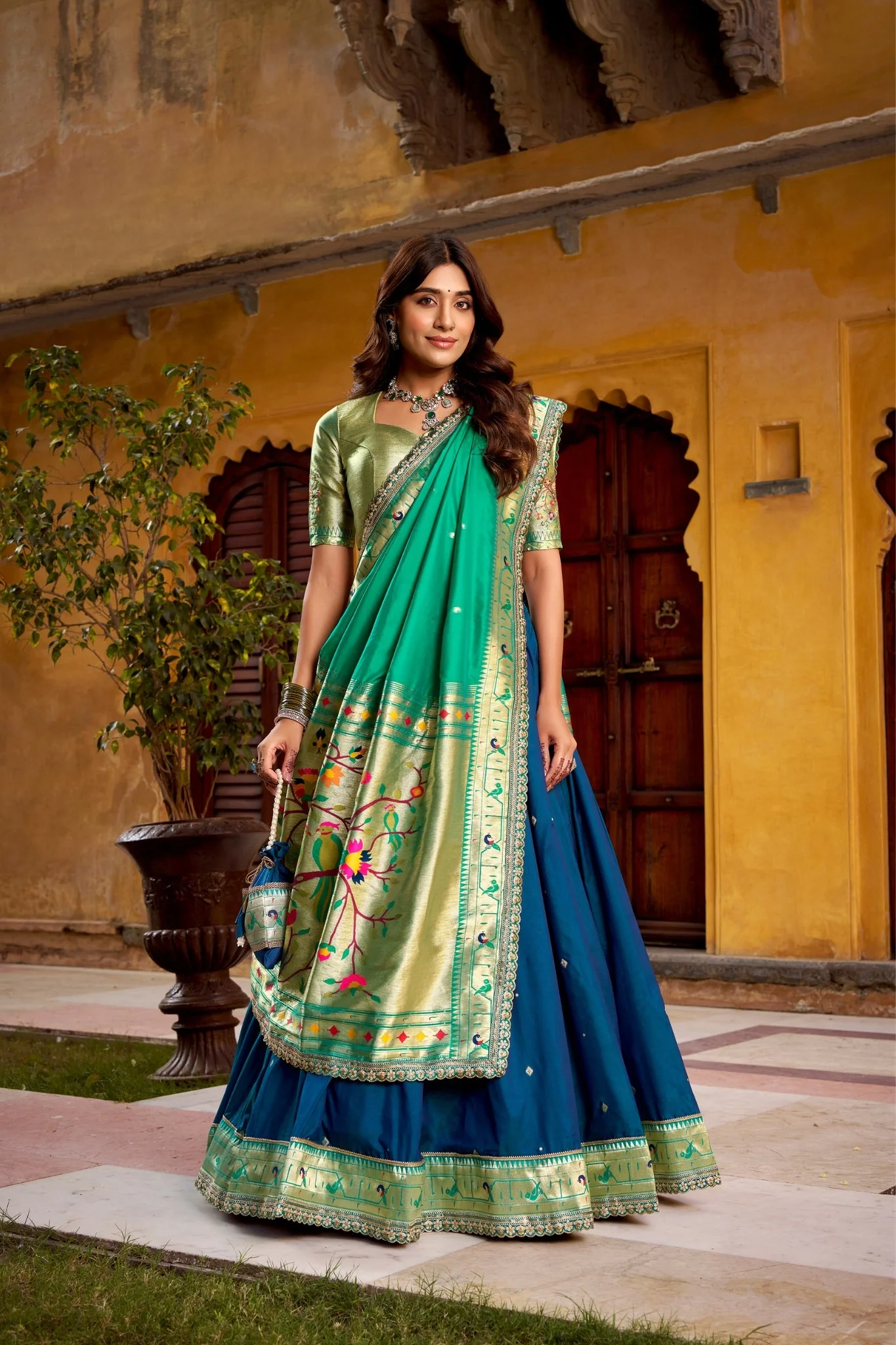 Designer Premium Paithani Soft Silk Zari Weaving Sequins With Thread Embroidery Lehenga Set - Image 7