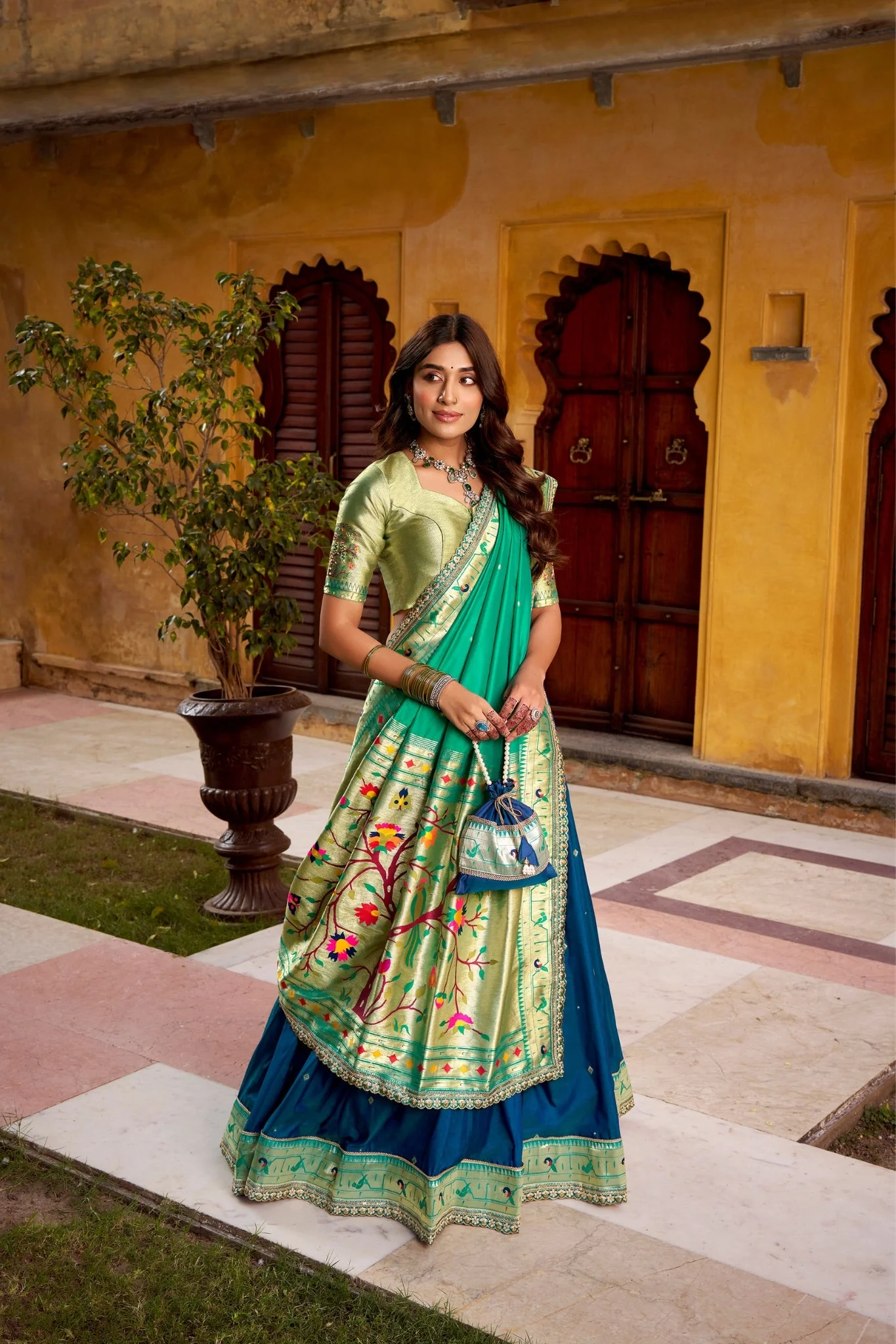 Designer Premium Paithani Soft Silk Zari Weaving Sequins With Thread Embroidery Lehenga Set - Image 8