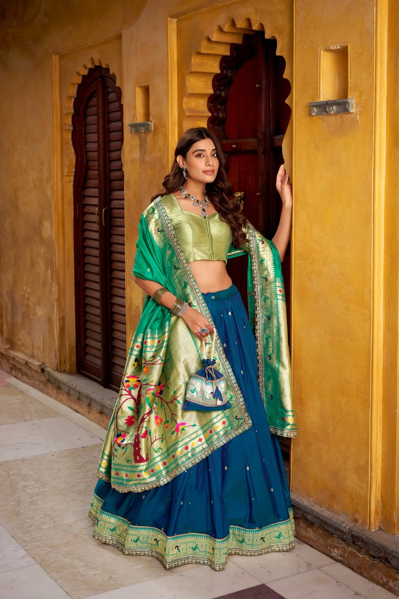 Designer Premium Paithani Soft Silk Zari Weaving Sequins With Thread Embroidery Lehenga Set - Image 9